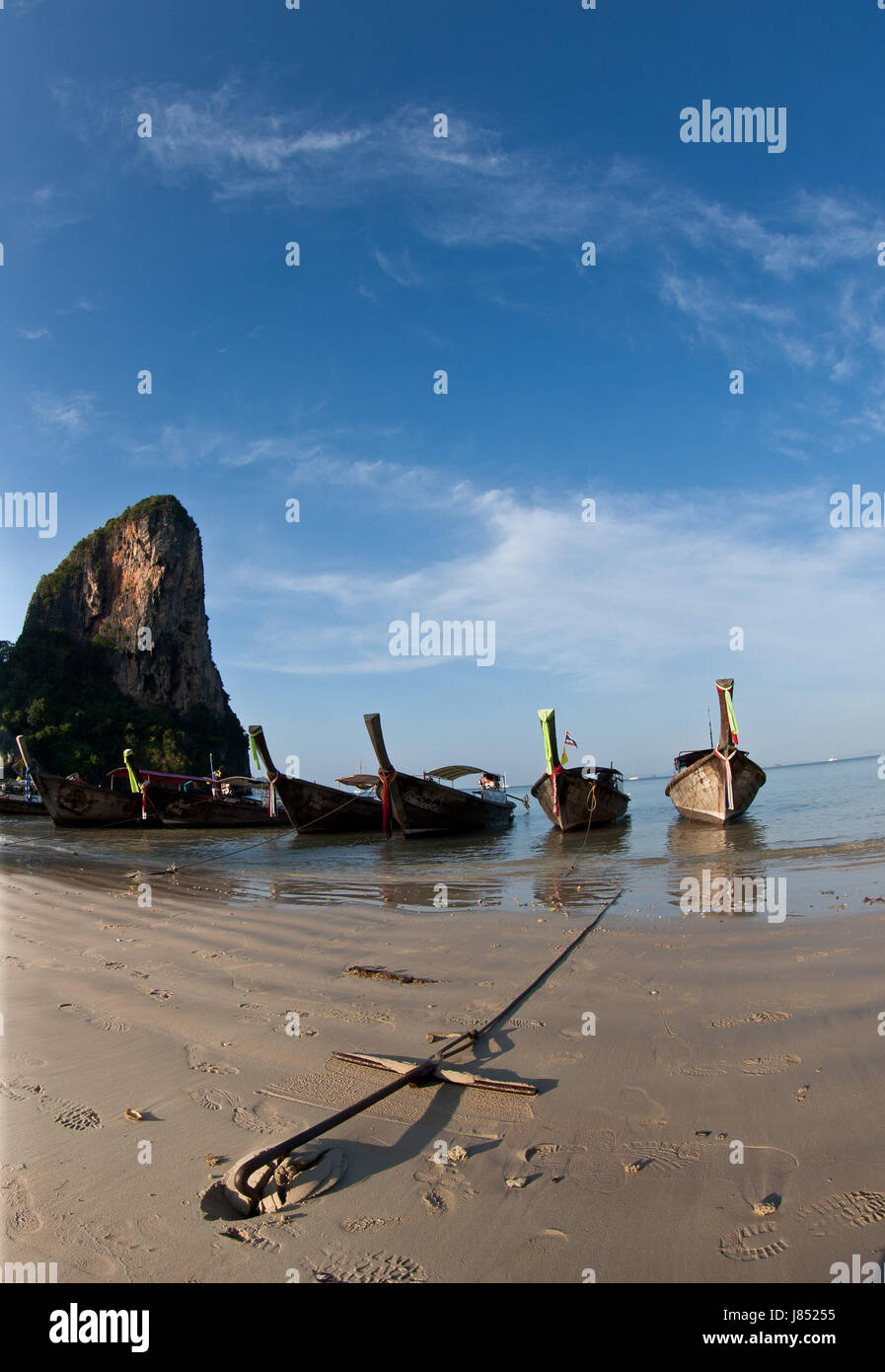 Long tail boat  in Railay Beach Thailand Stock Photo