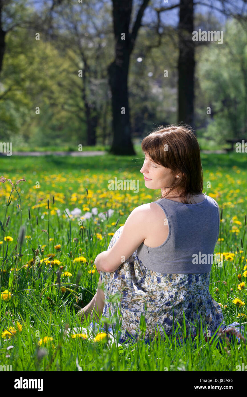 woman spring flower meadow summer dress young younger meadow girl girls
