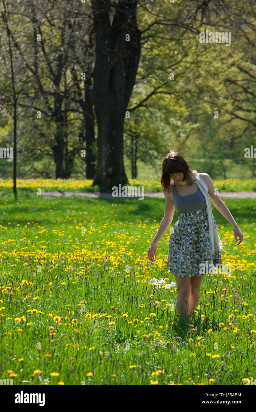 woman spring flower meadow young younger meadow girl girls enjoying