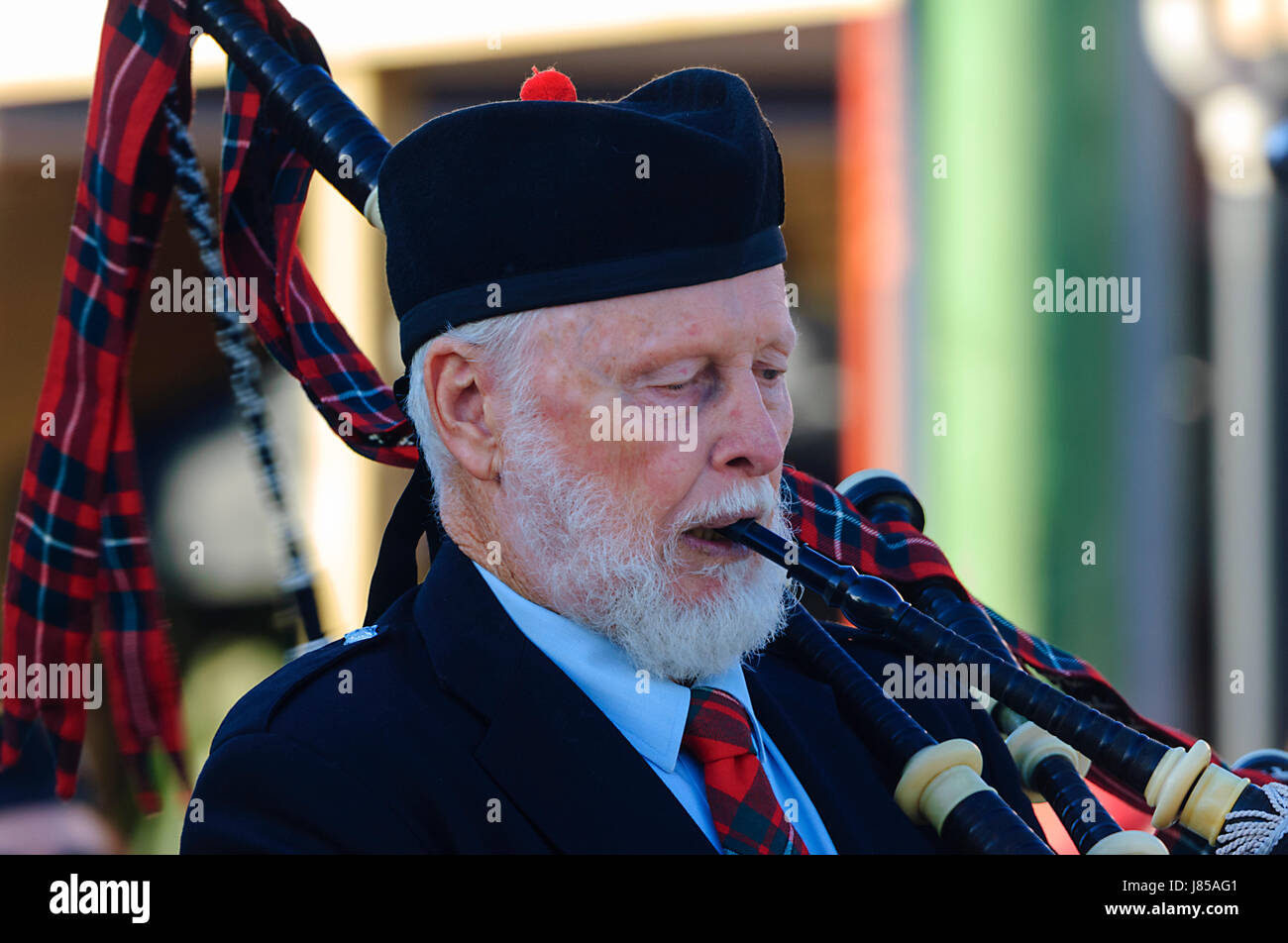 Scottish piper wearing a Tam o shanter, Celtic Music Festival, Berry, New South Wales, NSW, Australia Stock Photo