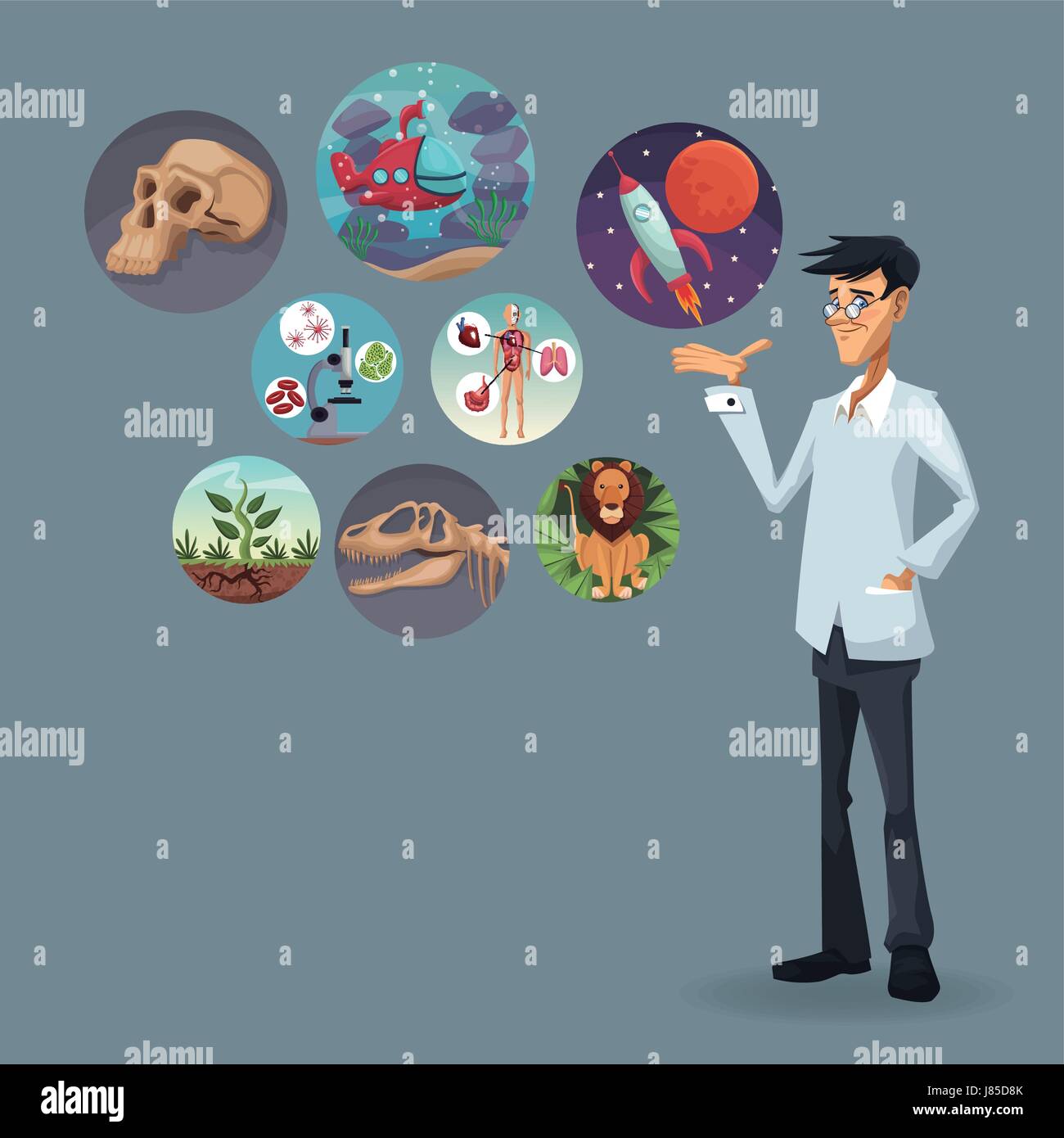 realistic color poster scientist with icons world evolution Stock Vector