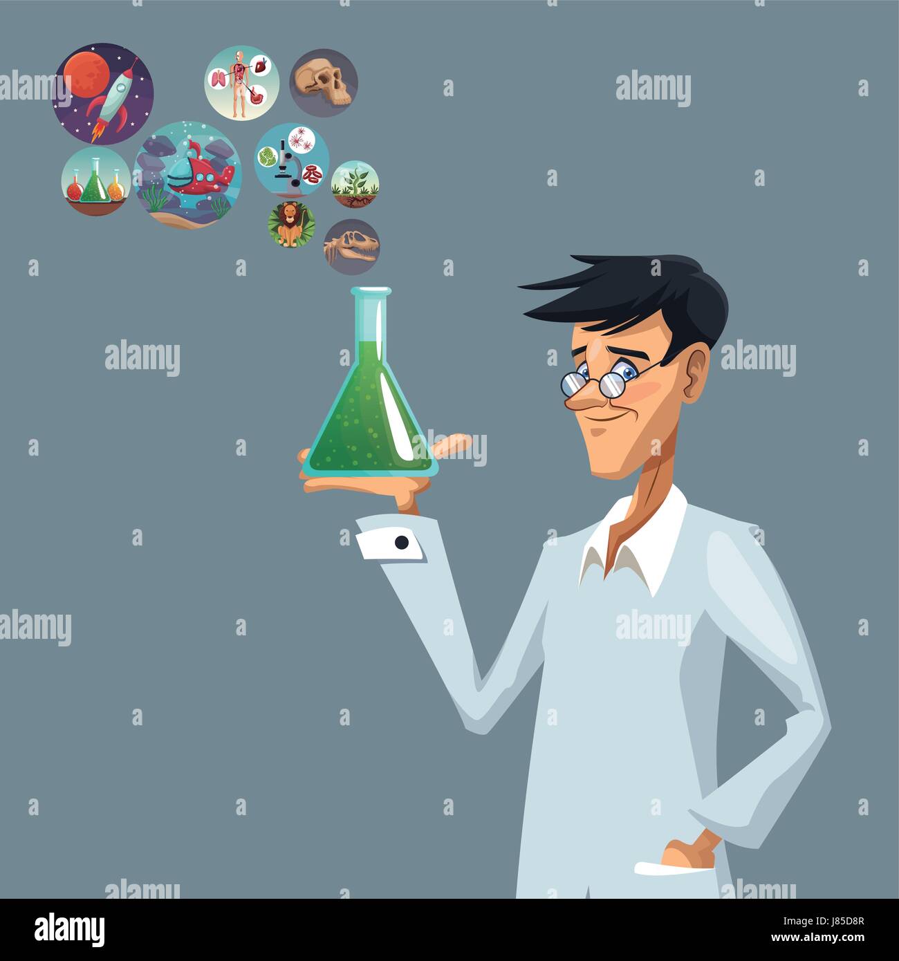 realistic color poster closeup scientist with glass beaker with formula and icons world evolution Stock Vector