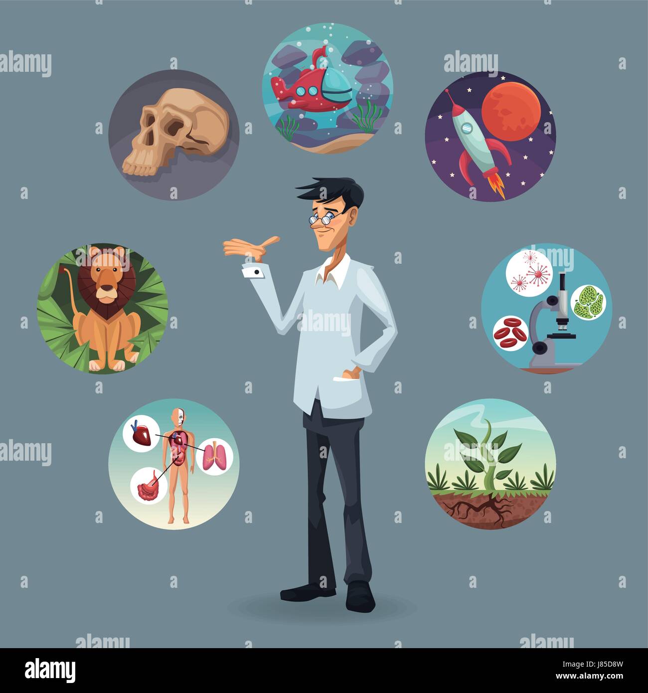 realistic color poster icons world evolution around of scientist Stock Vector