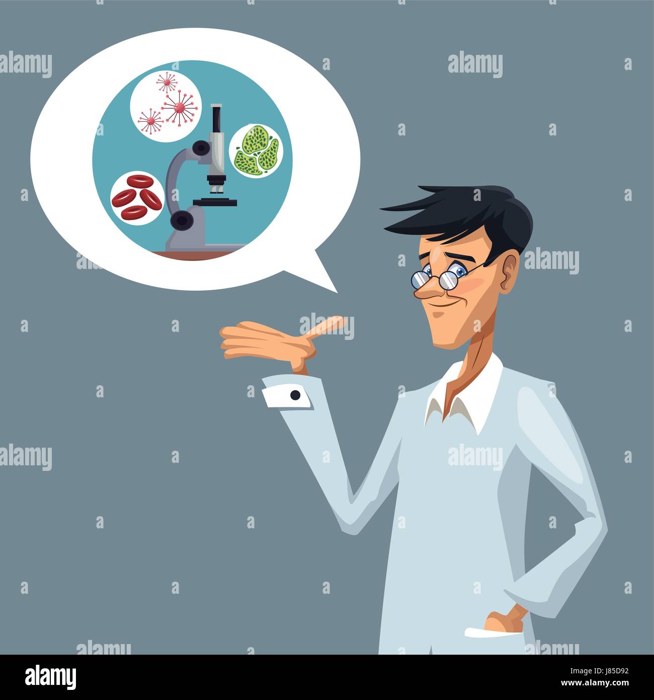 realistic color poster closeup scientist and dialog box with microscope with icons of globules and cells Stock Vector