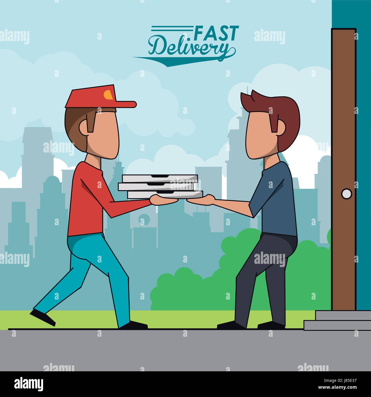 poster scene city landscape of man delivering pizza to customer Stock Vector
