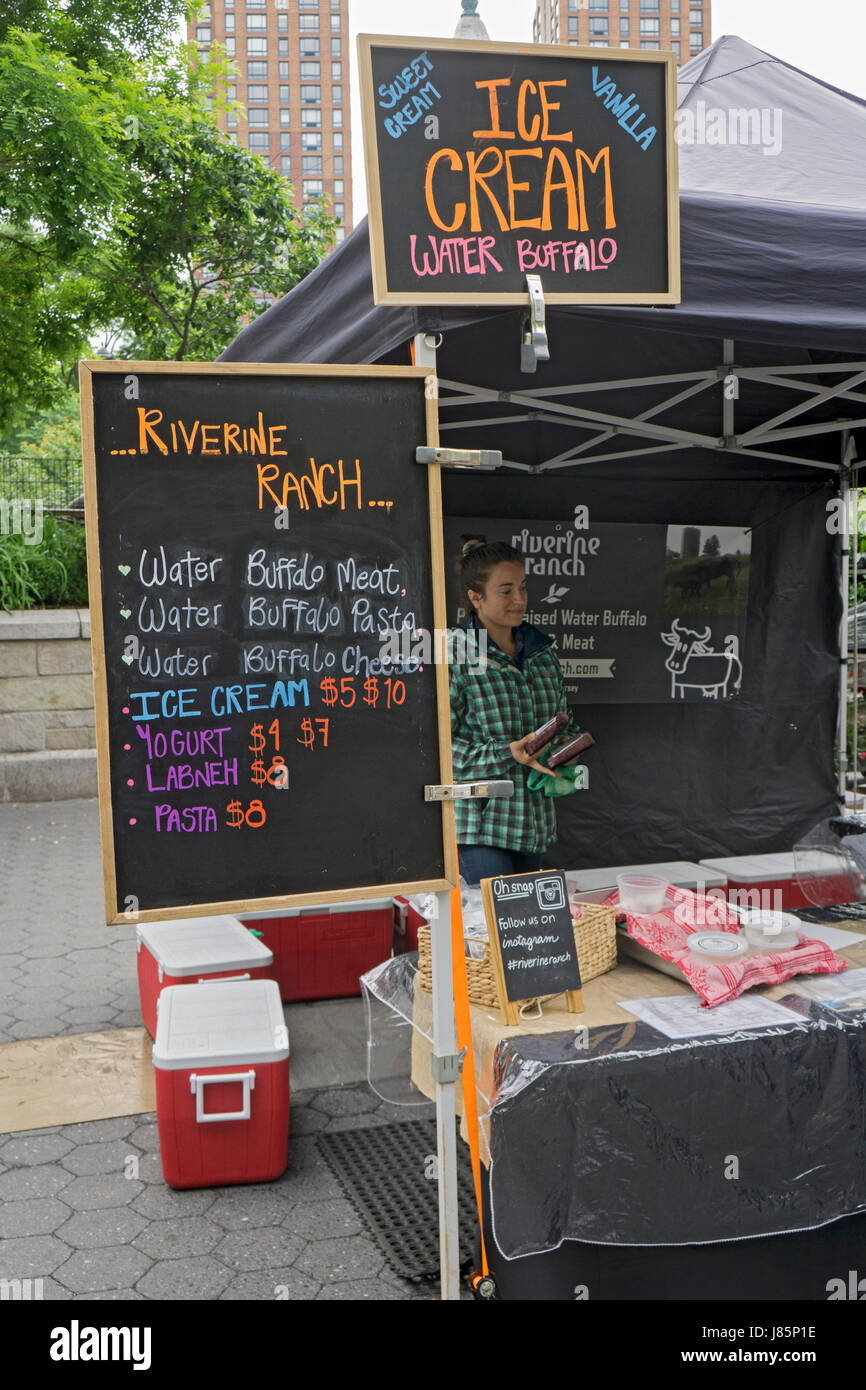 A stand at the Union Square Green Market for Riverine Ranch, a farm in New Jersey that sells products with ingredients from water buffaloes. Stock Photo
