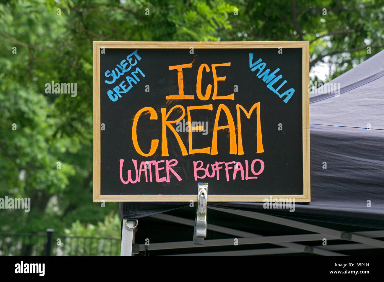 A stand at the Union Square Green Market for Riverine Ranch, a farm in New Jersey that sells products with ingredients from water buffaloes. Stock Photo