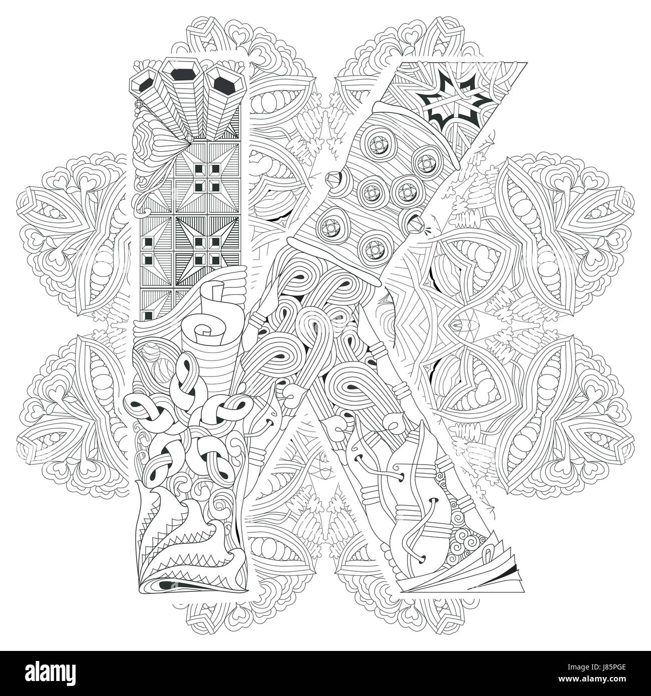 Hand Painted Art Design Adult Anti Stress Coloring Page Black