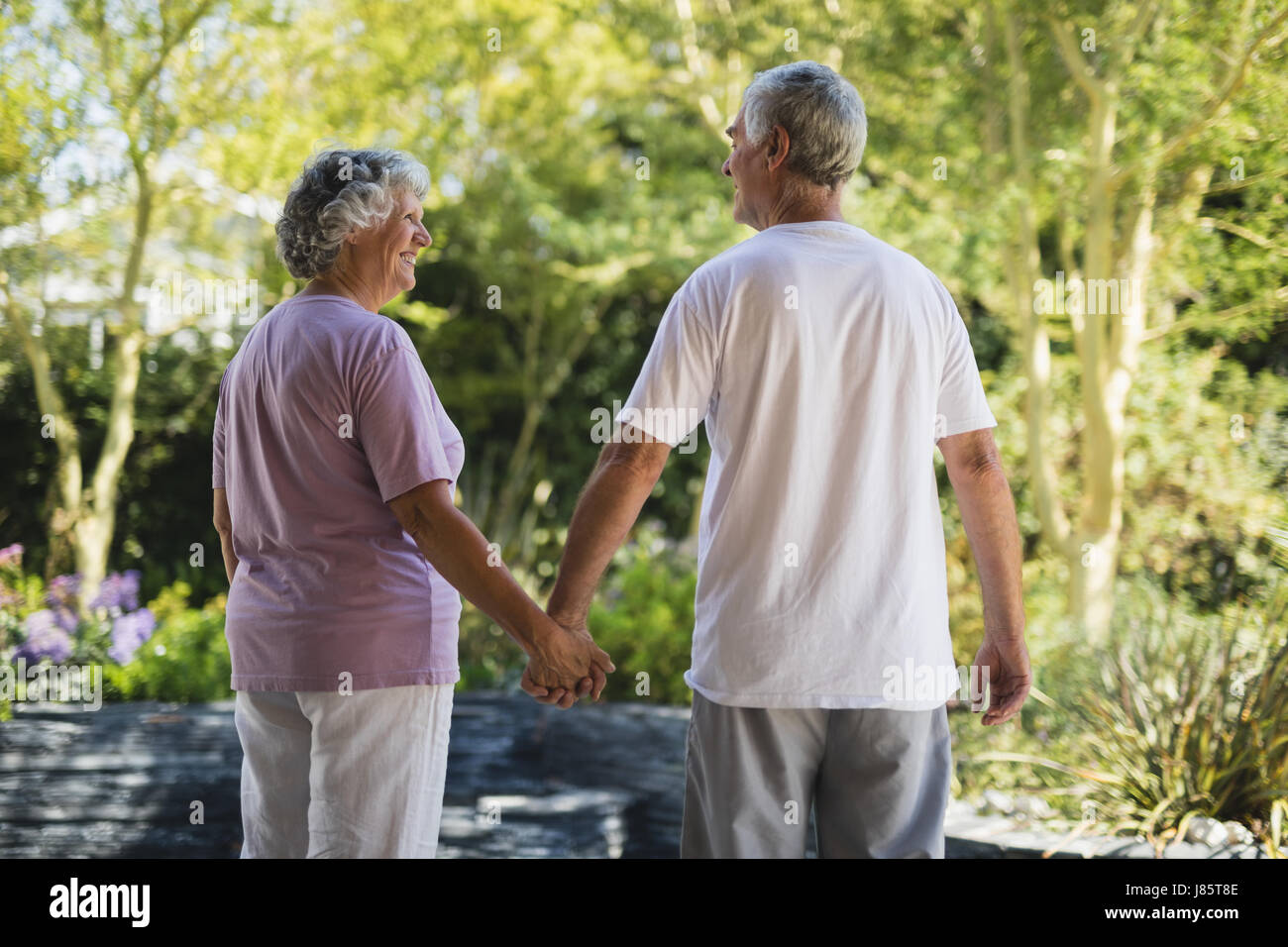 Rear view of happy senior couple holding hands while standing together ...