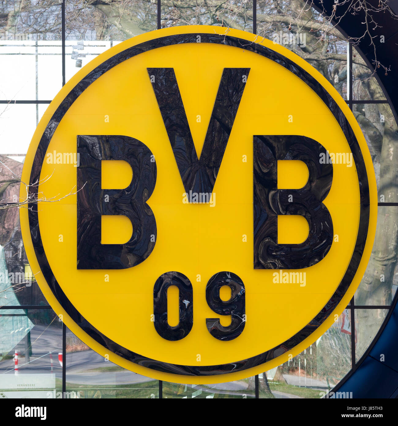 BVB Logo, Signal Iduna Park, Dortmund, Ruhr area, North Rhine-Westphalia, Germany Stock Photo