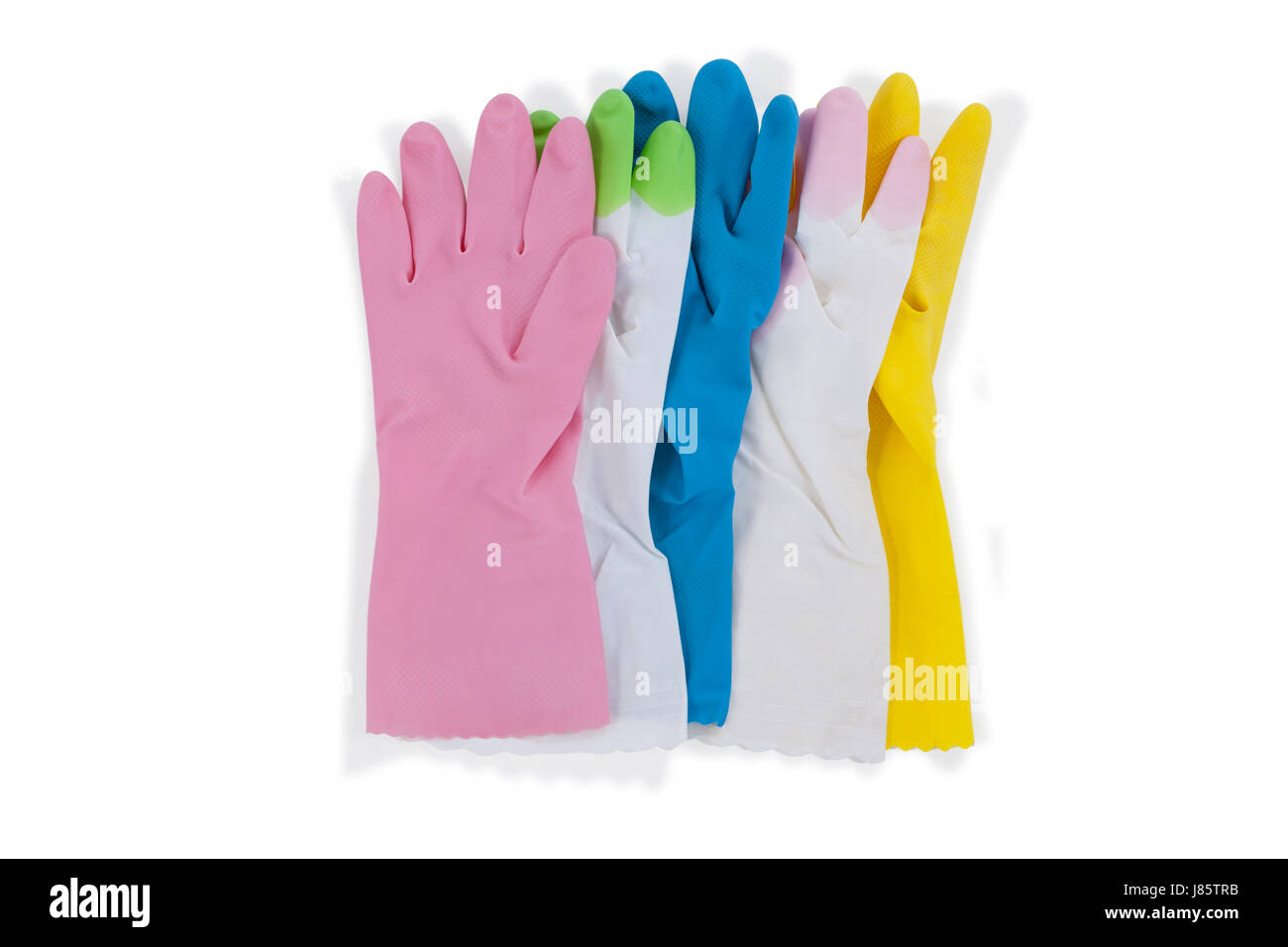 Various colorful rubber gloves on white background Stock Photo