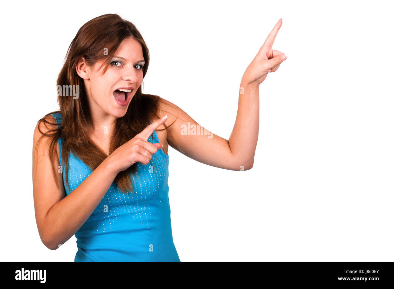 woman indicate show finger mood upper part of the body party celebration Stock Photo