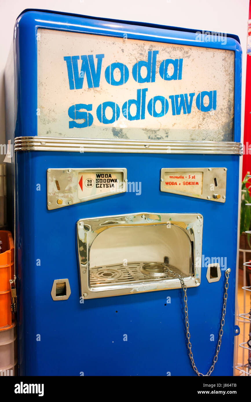 An old soda dispensing machine in Warsaw. Stock Photo
