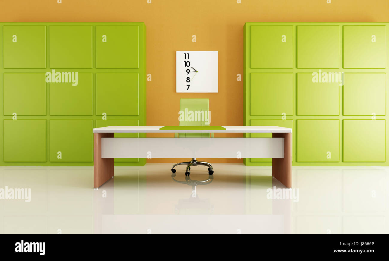 office desk furniture interior panel width of material green orange armchair Stock Photo