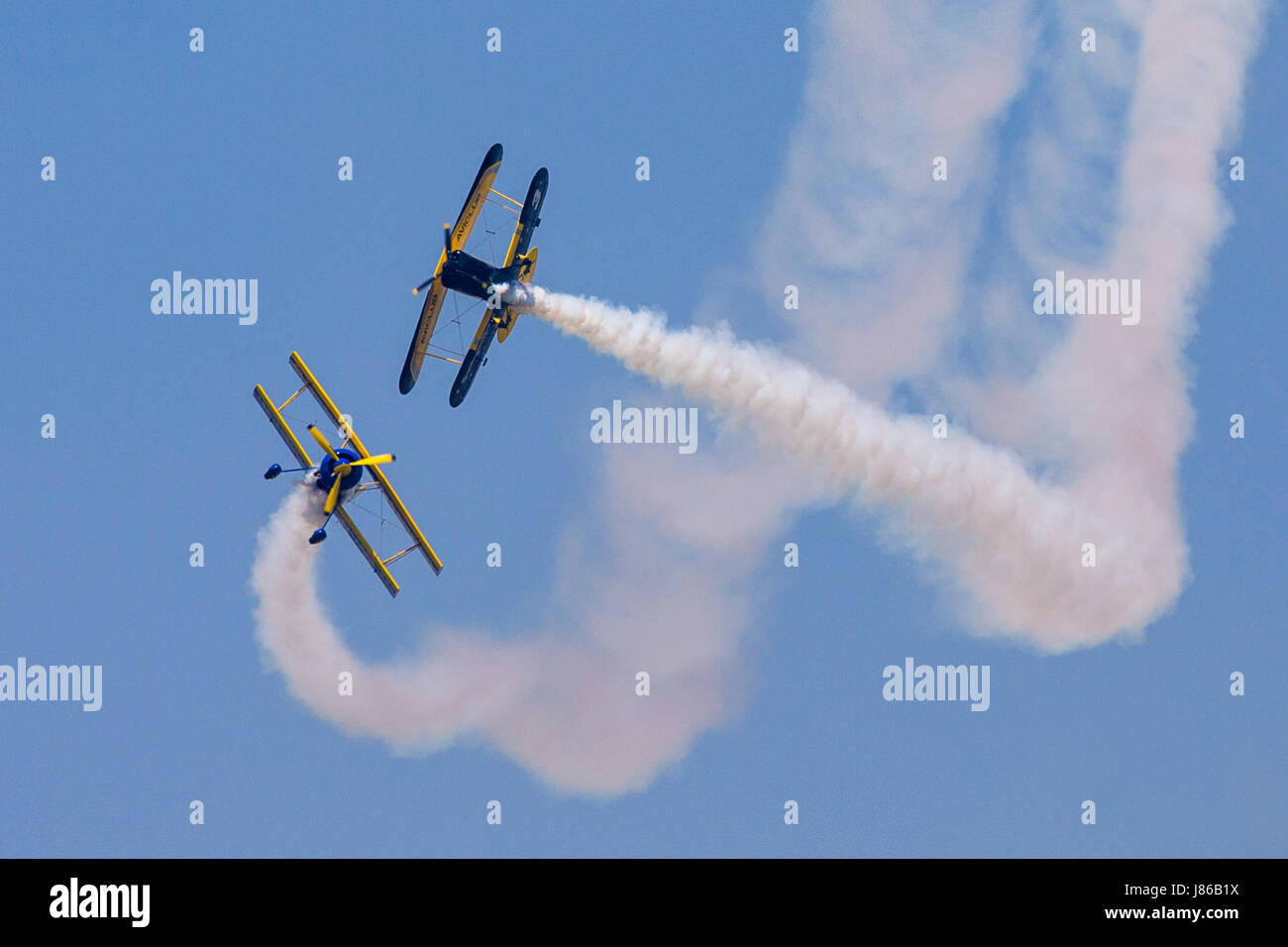 Anyang. 27th May, 2017. Aerobatics aircraft perform during an air show in Anyang of central China's Henan Province, May 27, 2017. Credit: Li Gang/Xinhua/Alamy Live News Stock Photo