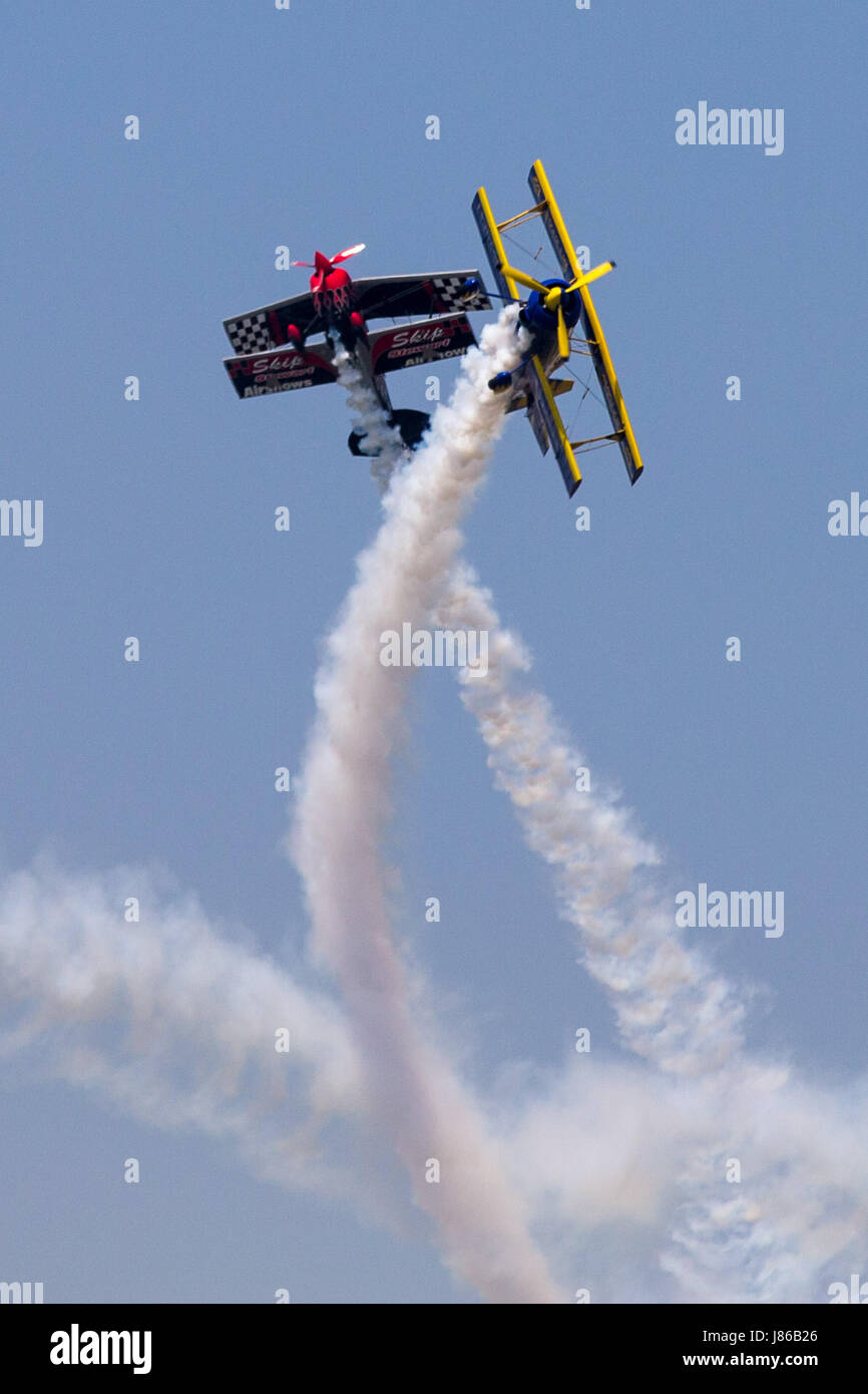 Anyang. 27th May, 2017. Aerobatics aircraft perform during an air show in Anyang of central China's Henan Province, May 27, 2017. Credit: Li Gang/Xinhua/Alamy Live News Stock Photo