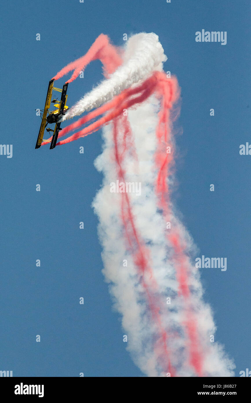 Anyang. 27th May, 2017. An aerobatics aircraft performs during an air show in Anyang of central China's Henan Province, May 27, 2017. Credit: Li Gang/Xinhua/Alamy Live News Stock Photo