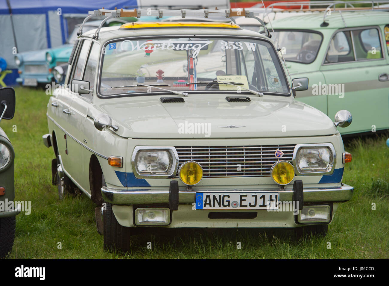 A Wartburg 353 W can be seen on the premises of the International Trabant Gathering in Anklam, Germany, 24 May 2017. The VEB Automobilwerkes Eisenach was manufacturer of the car 'Wartburg'. Photo: Stefan Sauer/dpa-Zentralbild/dpa Stock Photo