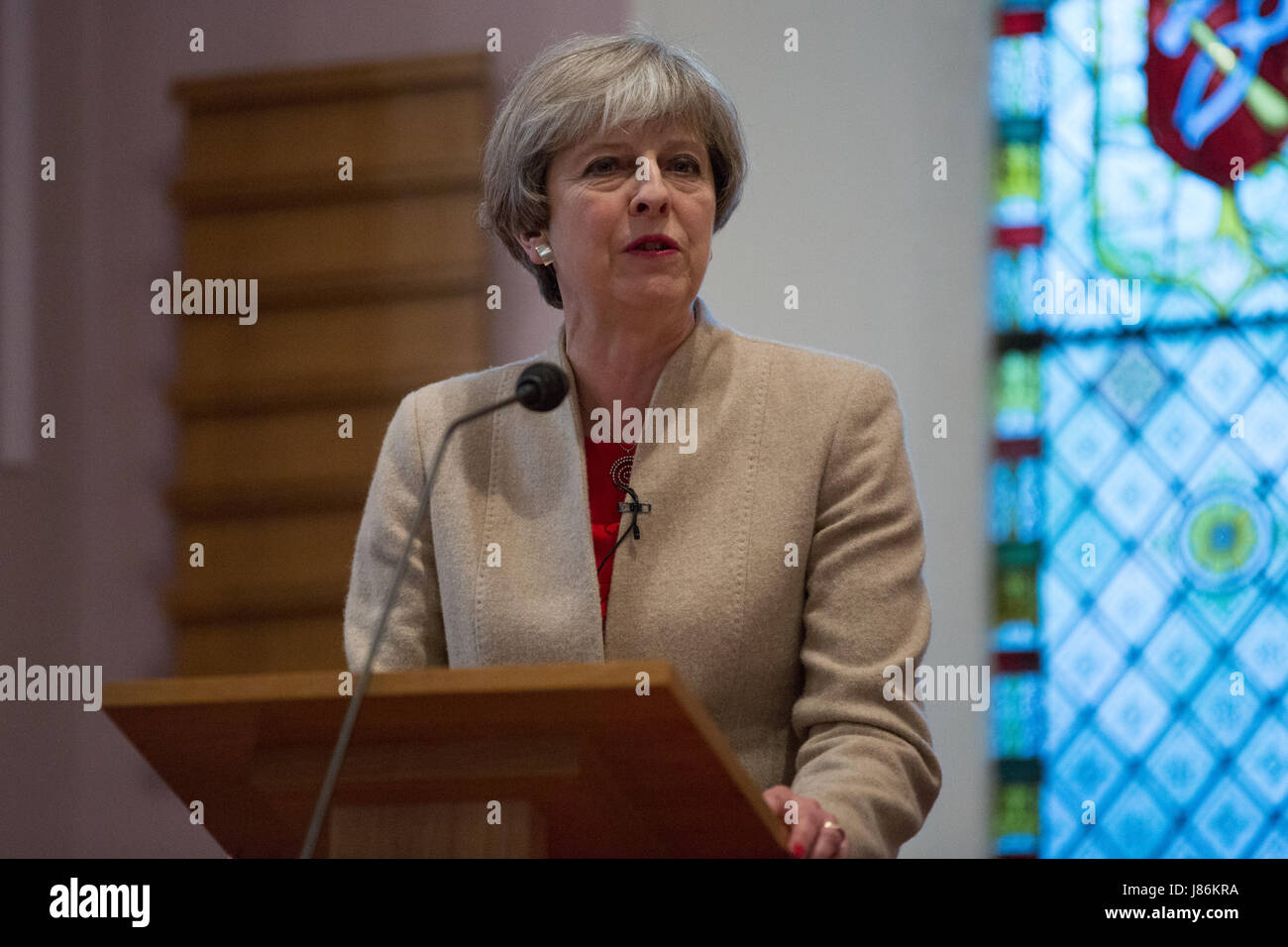 Maidenhead, UK. 27th May, 2017. Theresa May, Prime Minister and Conservative candidate for the Maidenhead constituency, speaks at a hustings event for the forthcoming general election at the High Street Methodist Church. Credit: Mark Kerrison/Alamy Live News Stock Photo