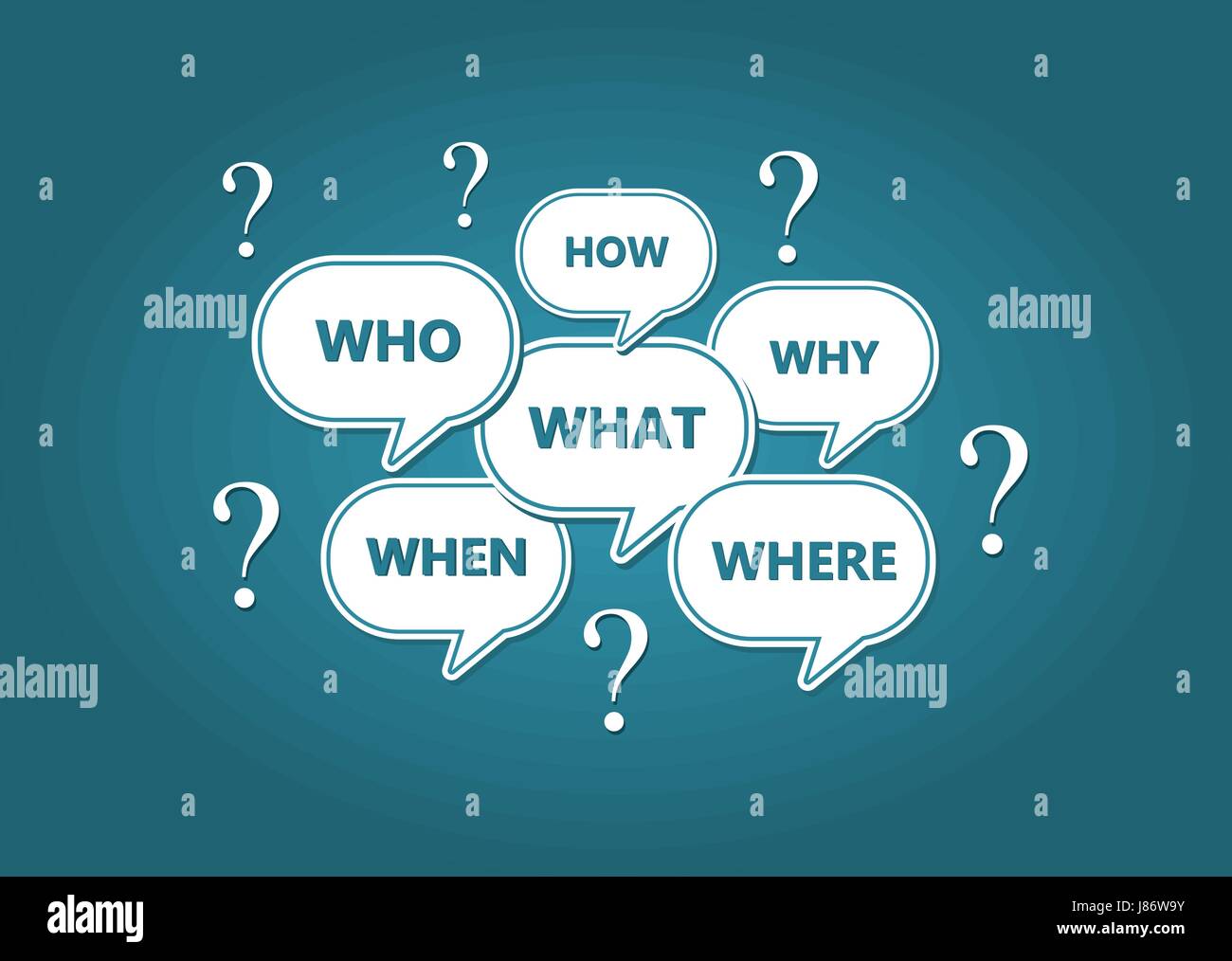 Speech bubbles with questions: Who, what, where, when, why, how Stock ...