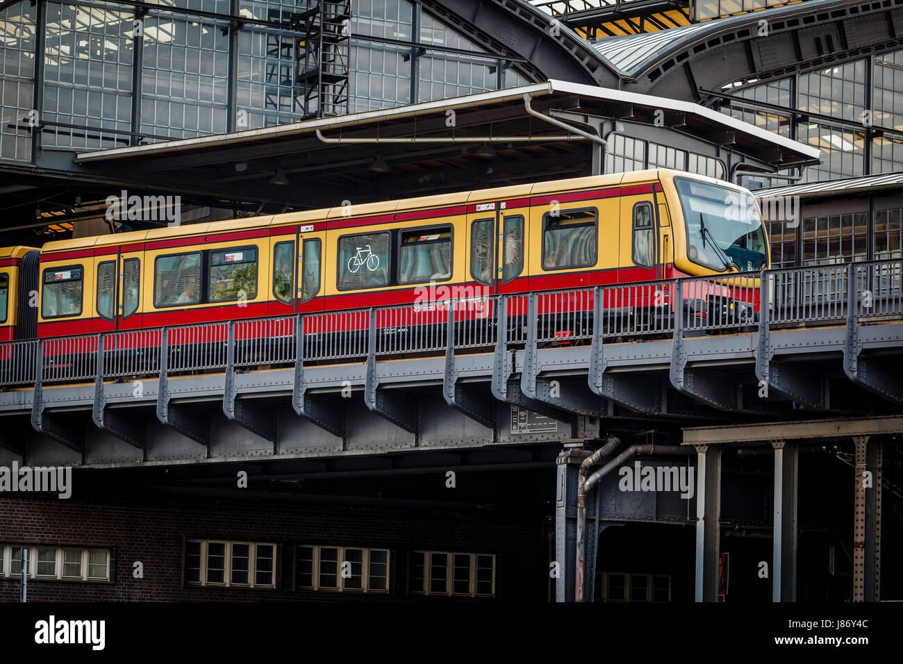 Electric Train Arrived on U-Bahn Station in Berlin, Germany Stock Photo