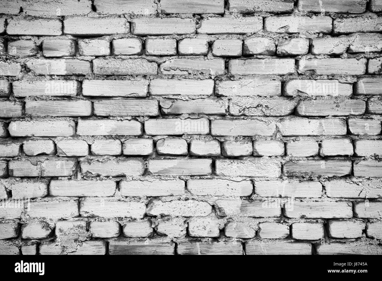 Fragment of old brick fence whitewashed by lime, relief surface and natural background, black and white Stock Photo