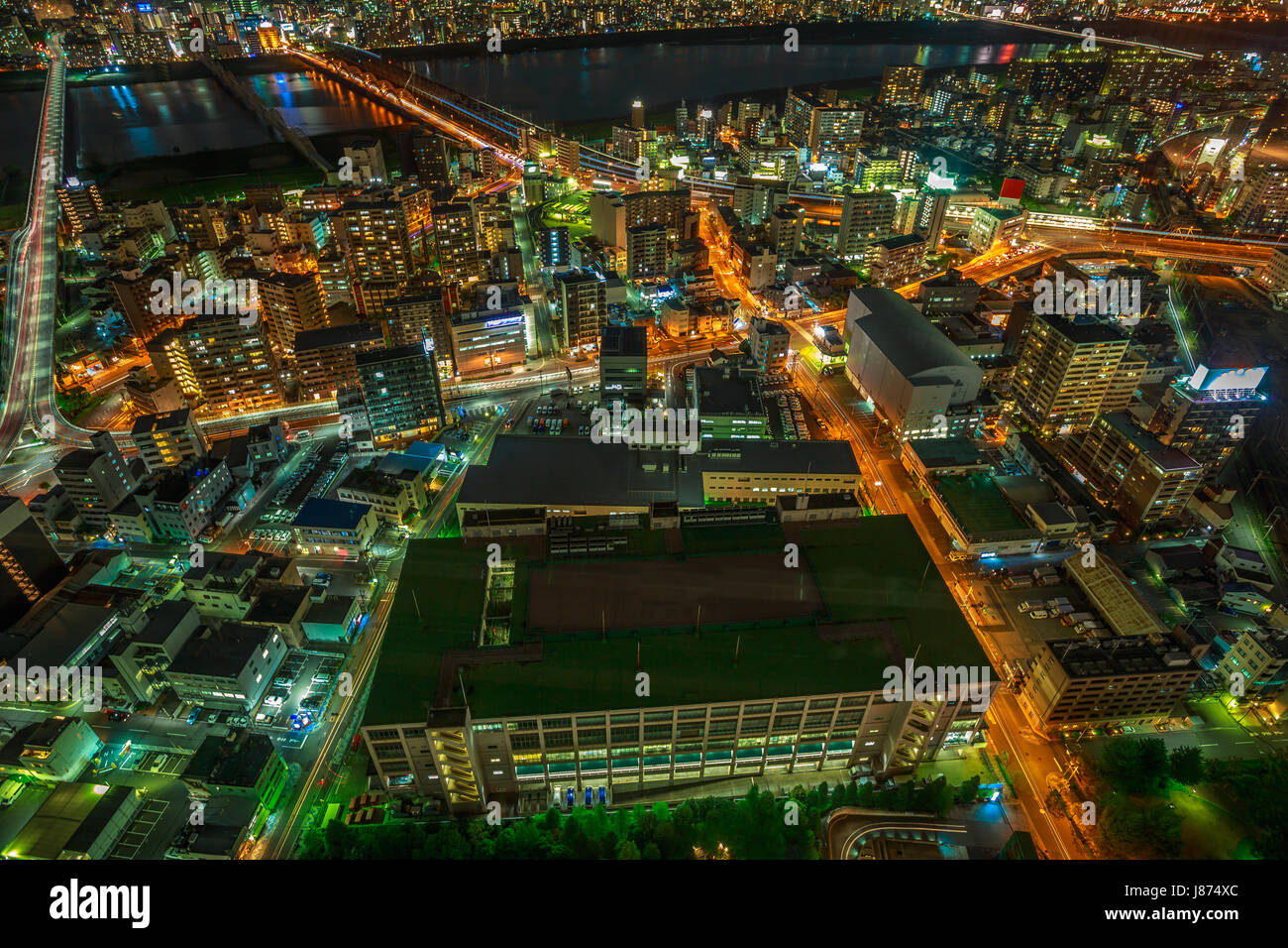 Osaka nightscape aerial Stock Photo