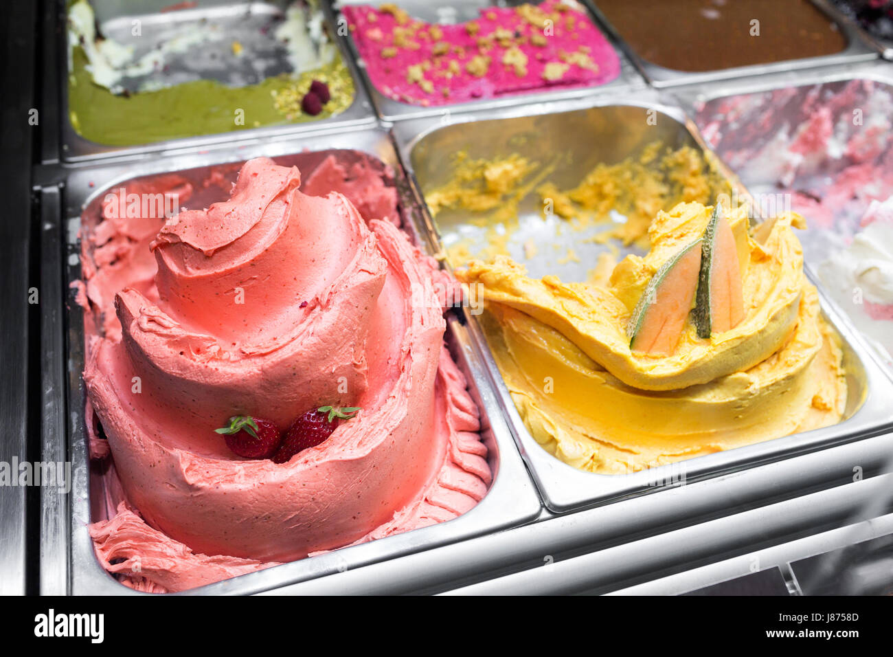 various flavors of gelato in italy. Creamy Italian ice cream in shop