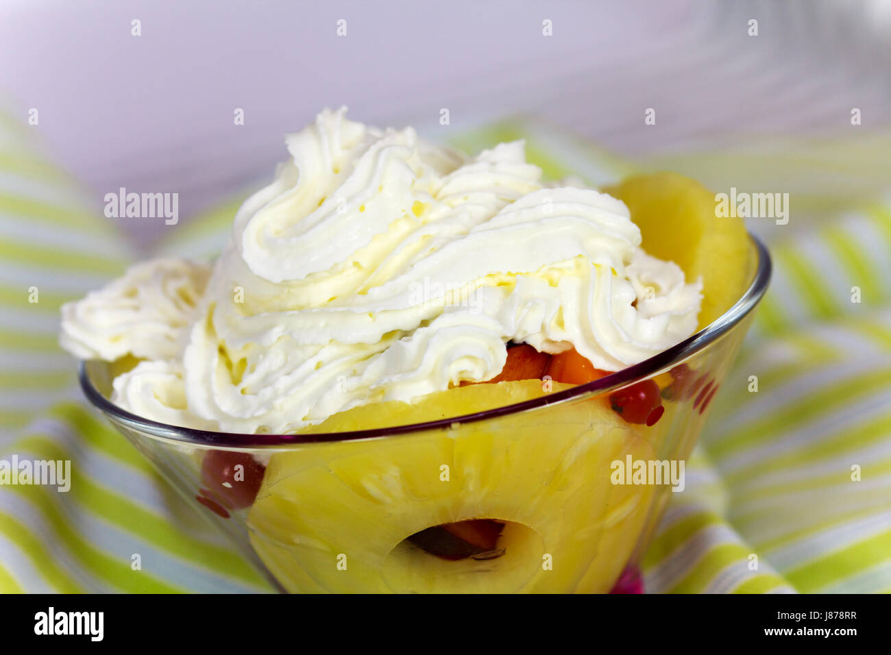 pineapple fruit salad peach currant whipped cream whipping cocktail long-drink Stock Photo