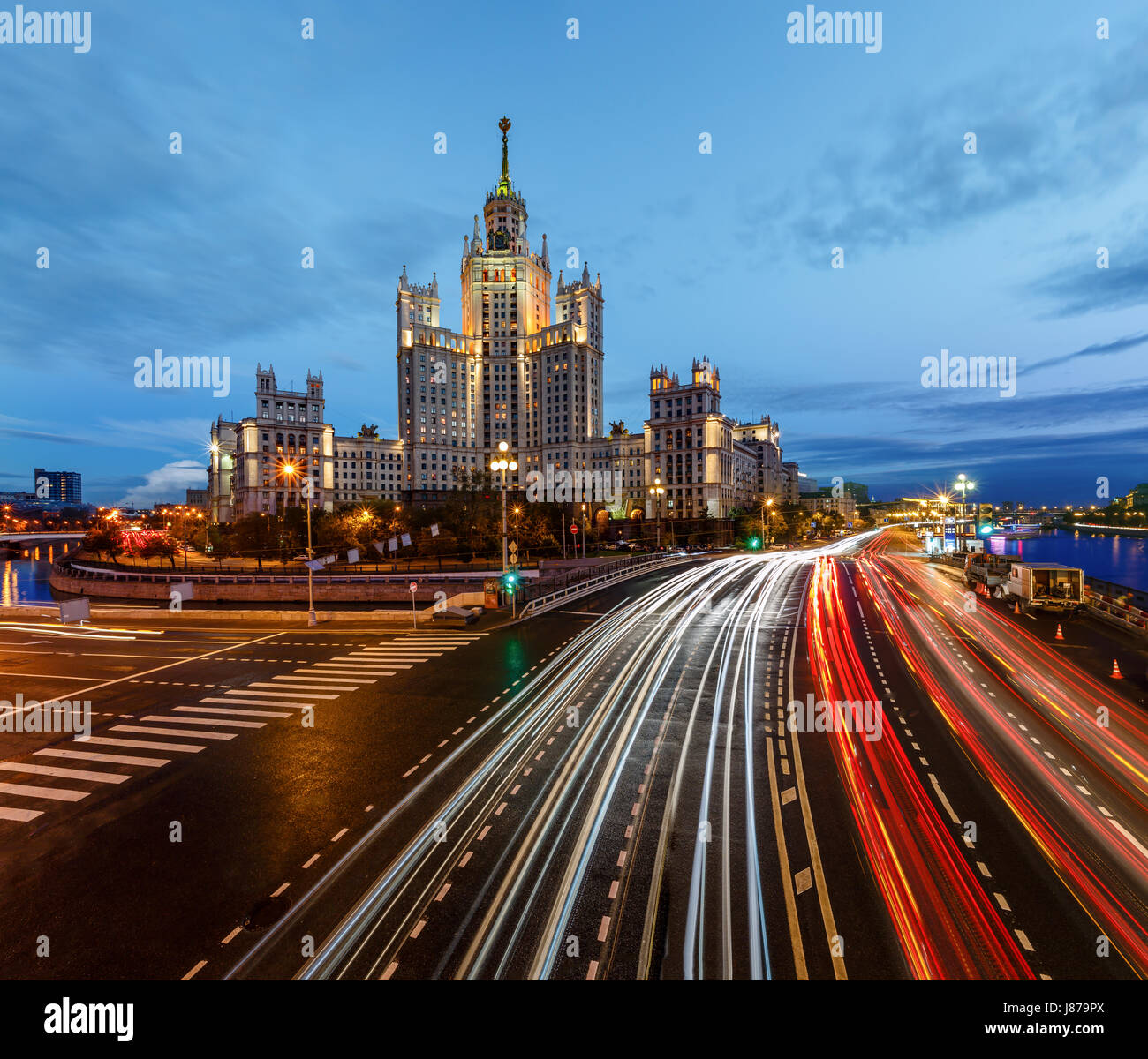 Stalin Skyscraper on Kotelnicheskaya Embankment of the Moscow River, Moscow, Russia Stock Photo