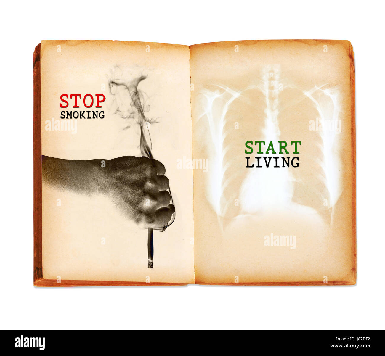 Stop smoking start living word and chest x-ray film with upside hand holding a cigarette in old book isolated on white background, Clipping paht. Stock Photo
