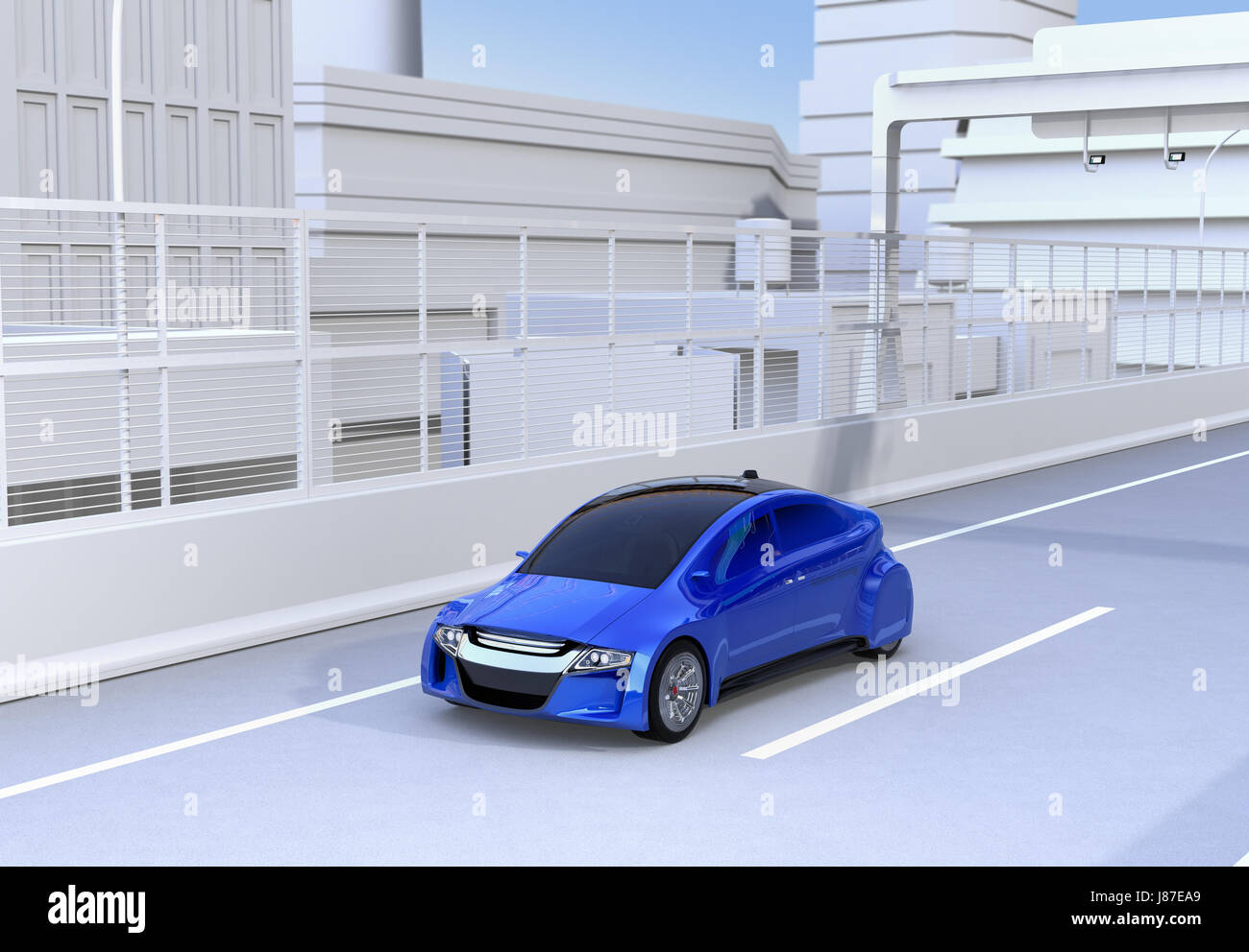 Blue electric car driving on the highway. 3D rendering image. Stock Photo