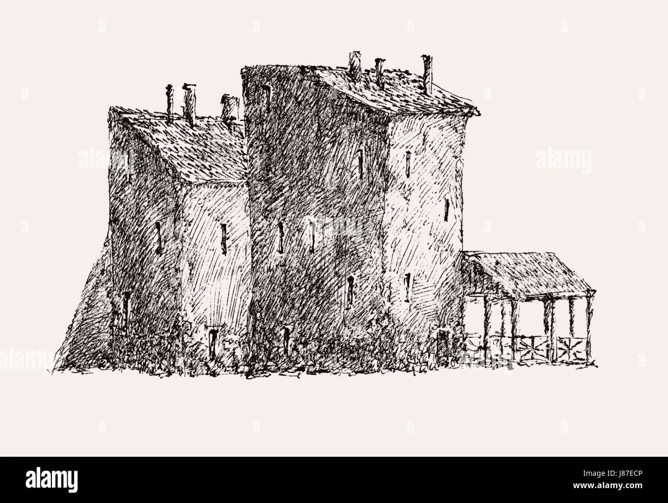 House Building South Tiled Roof Medieval Etching Chimney Drainpipe Stock Photo Alamy