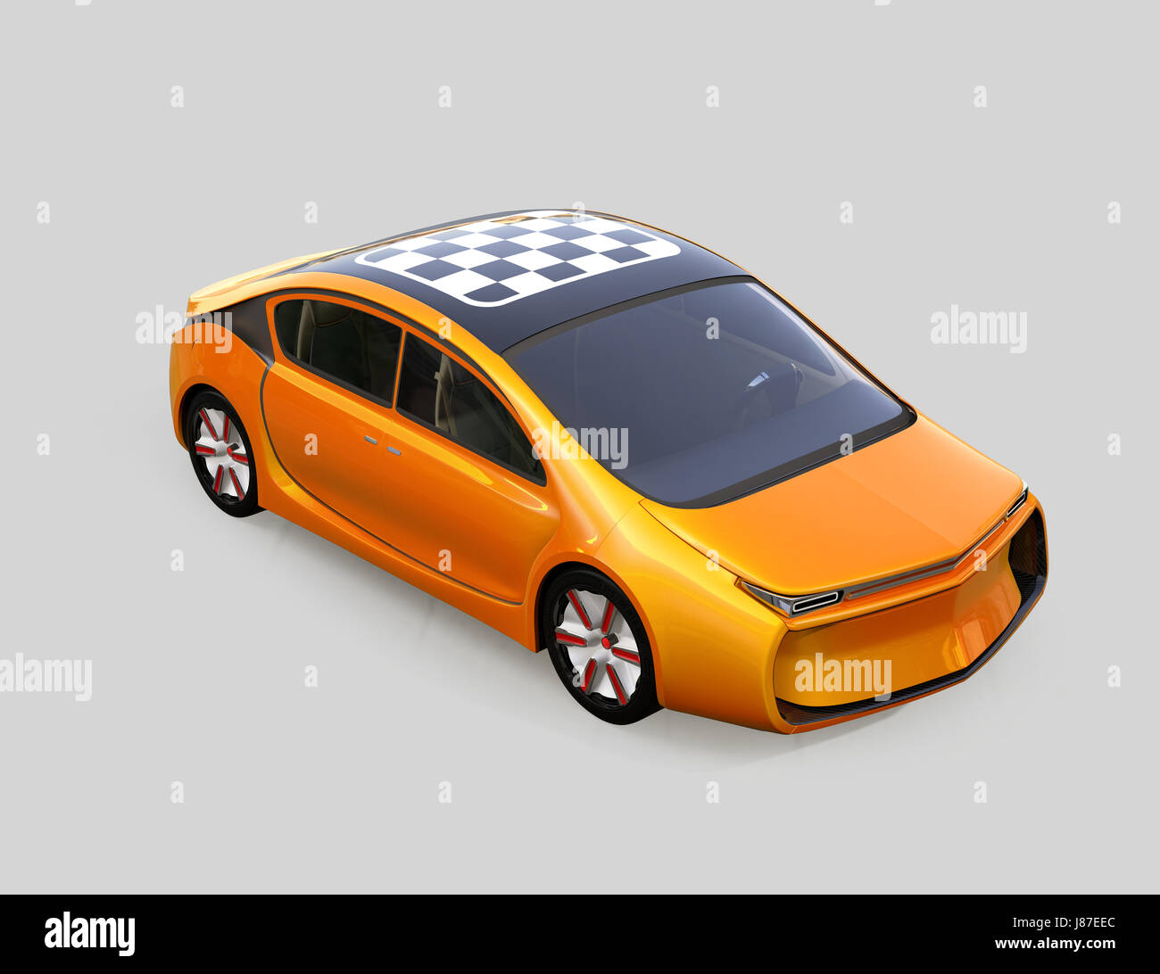 Orange electric car isolated on gray background. 3D rendering image. Stock Photo