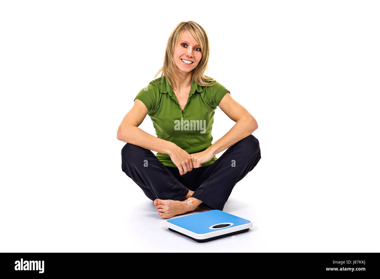 woman, isolated, human, human being, person, diet, scales, put, sitting, sit, Stock Photo