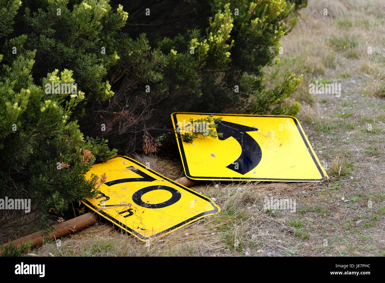 Did someone turn too soon?  A 70 km/h sign at the side of the Great Ocean Road, Victoria, Australia Stock Photo