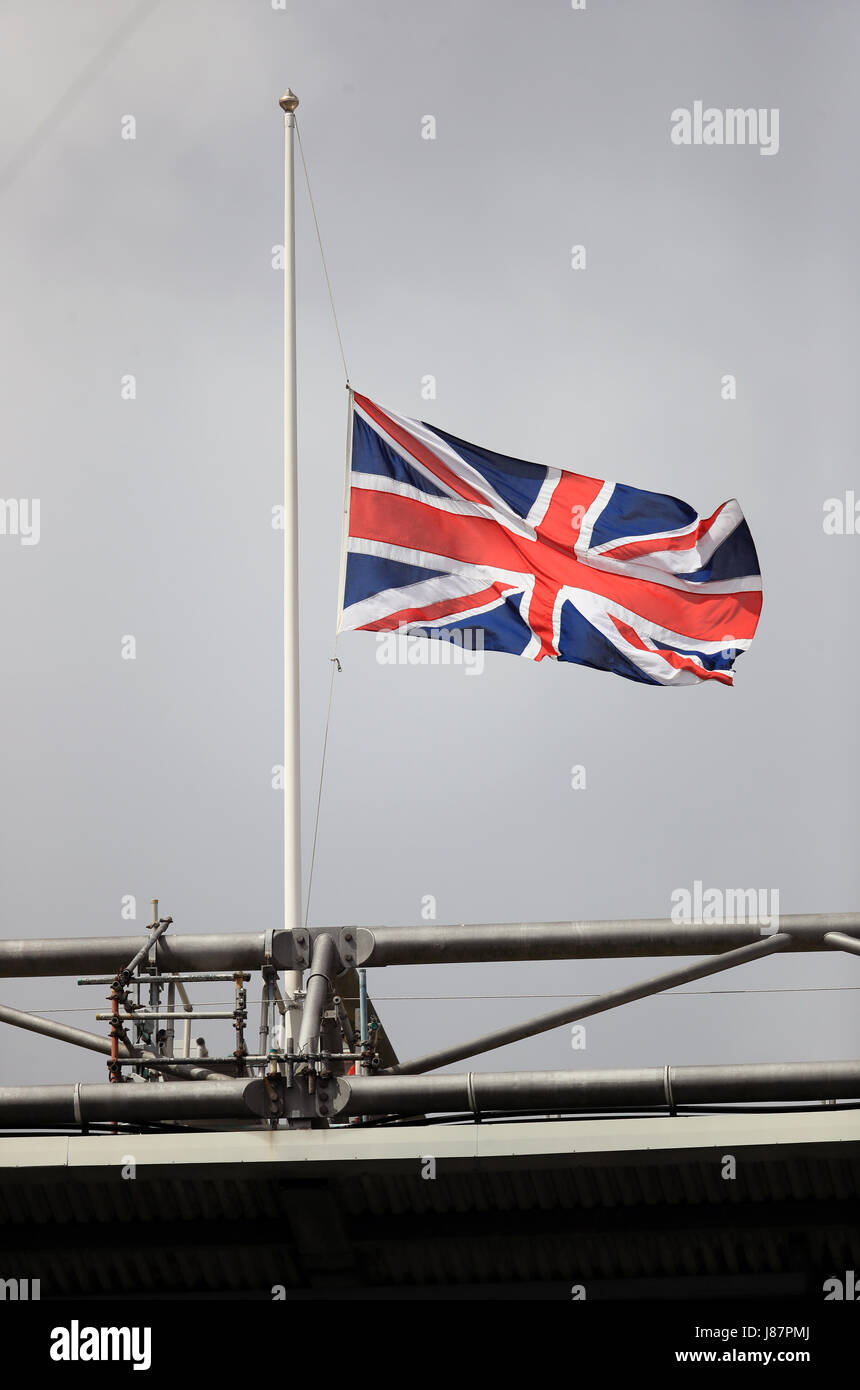 The Great Britain Flag At Half Mast In Memory Of The Victims Of The Manchester Terror Attack Before The Aviva Premiership Final At Twickenham Stadium London Stock Photo Alamy