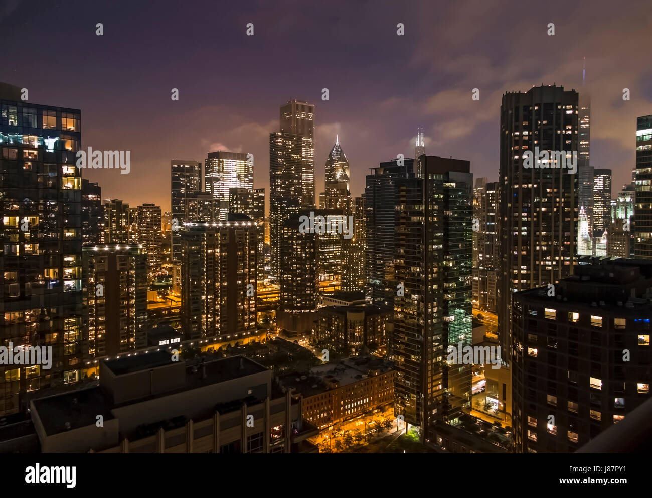 Dusk scenic of Chicago Skyscrapers from Lake front building USA Stock Photo