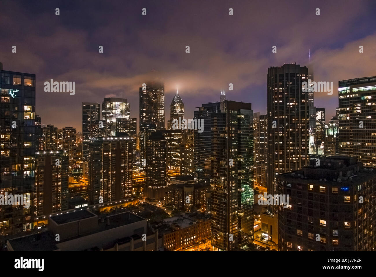 Dusk scenic of Chicago Skyscrapers from Lake front building USA Stock Photo