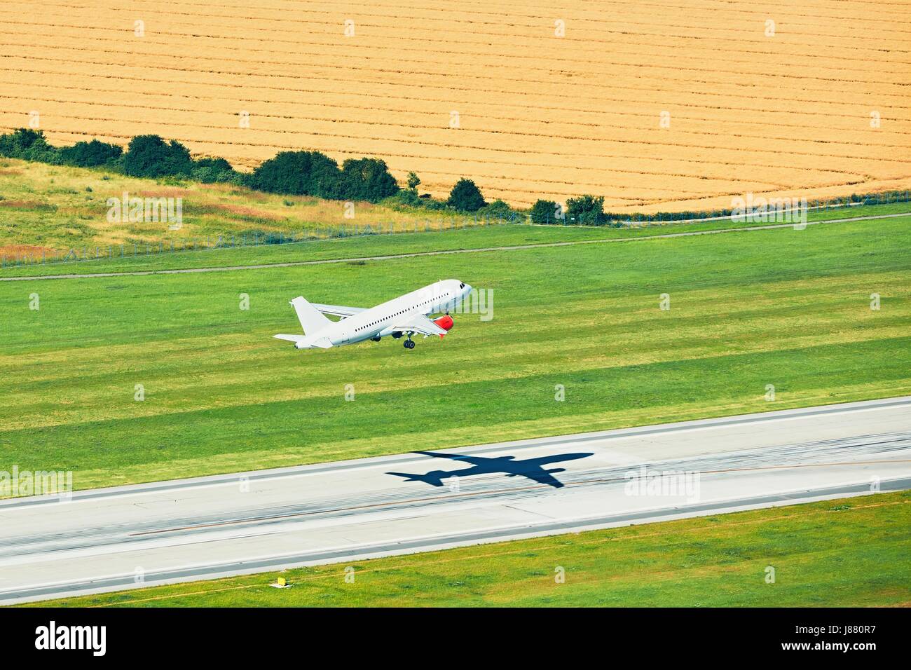 Aerial view of the airplane. Take off from the runway in Prague. Stock Photo