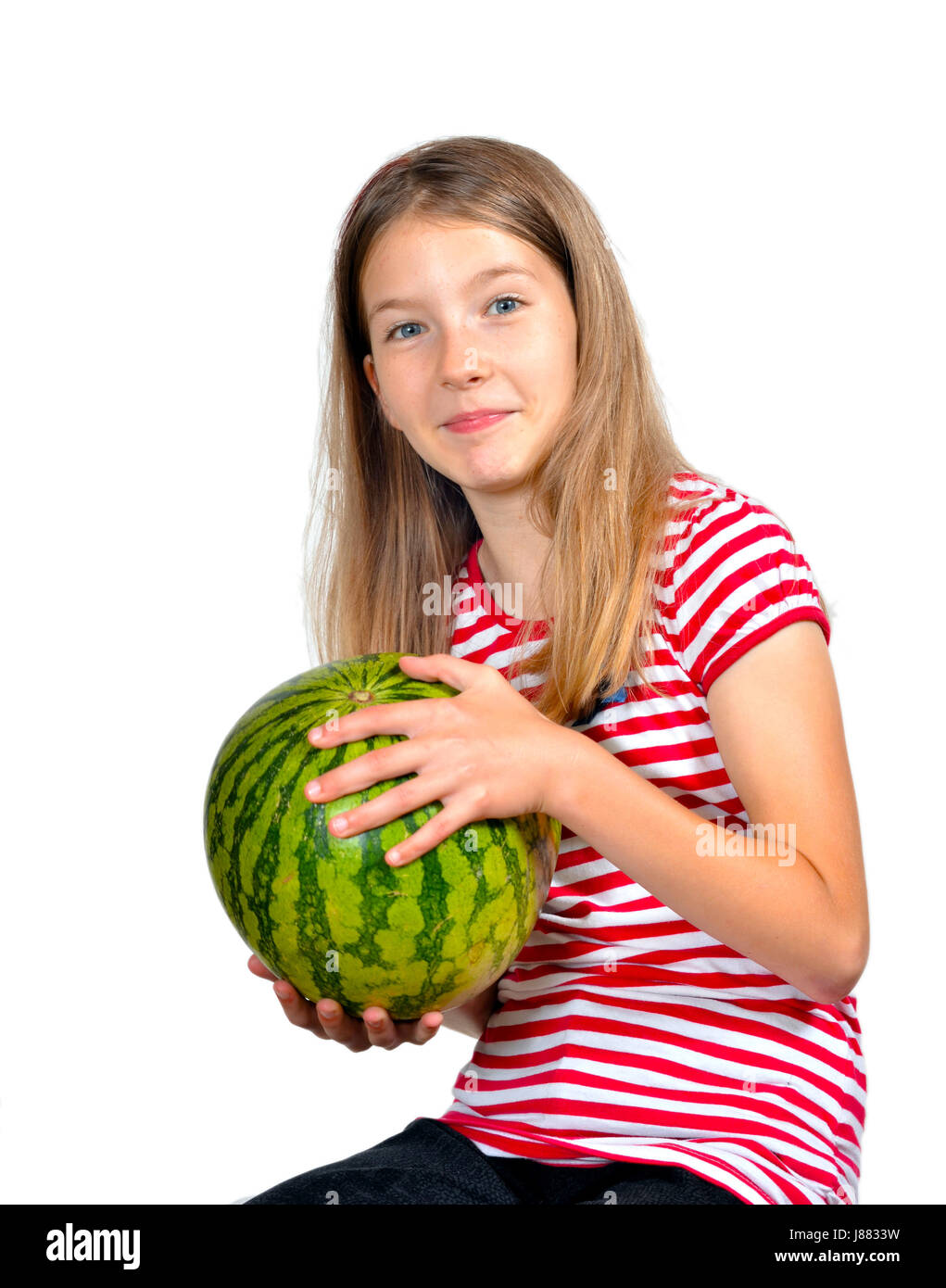 girl holding heavy melon Stock Photo Alamy