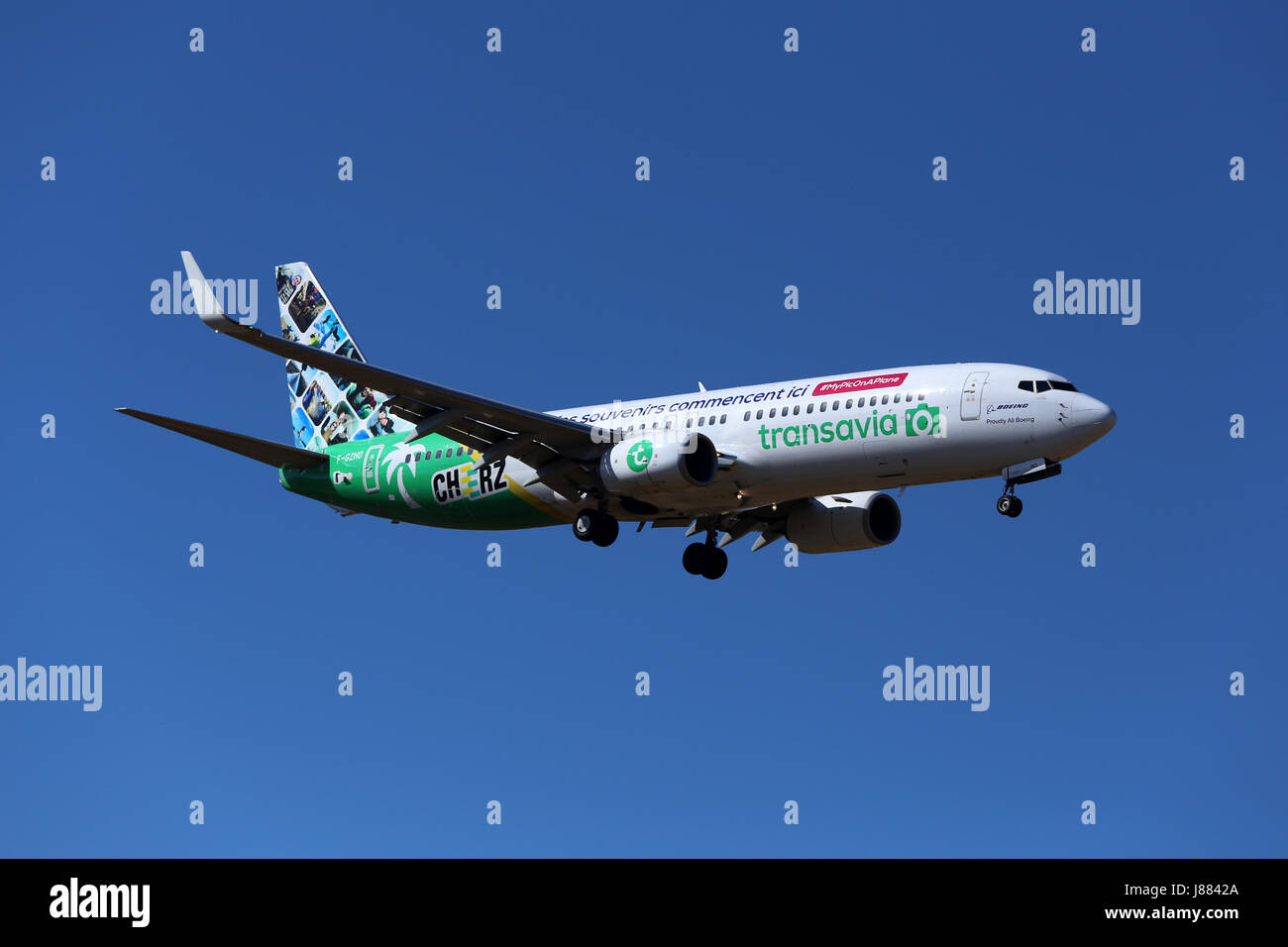 Transavia France Boeing 737-8K2 [F-GZHO] in special color scheme on short finals runway 31. Stock Photo