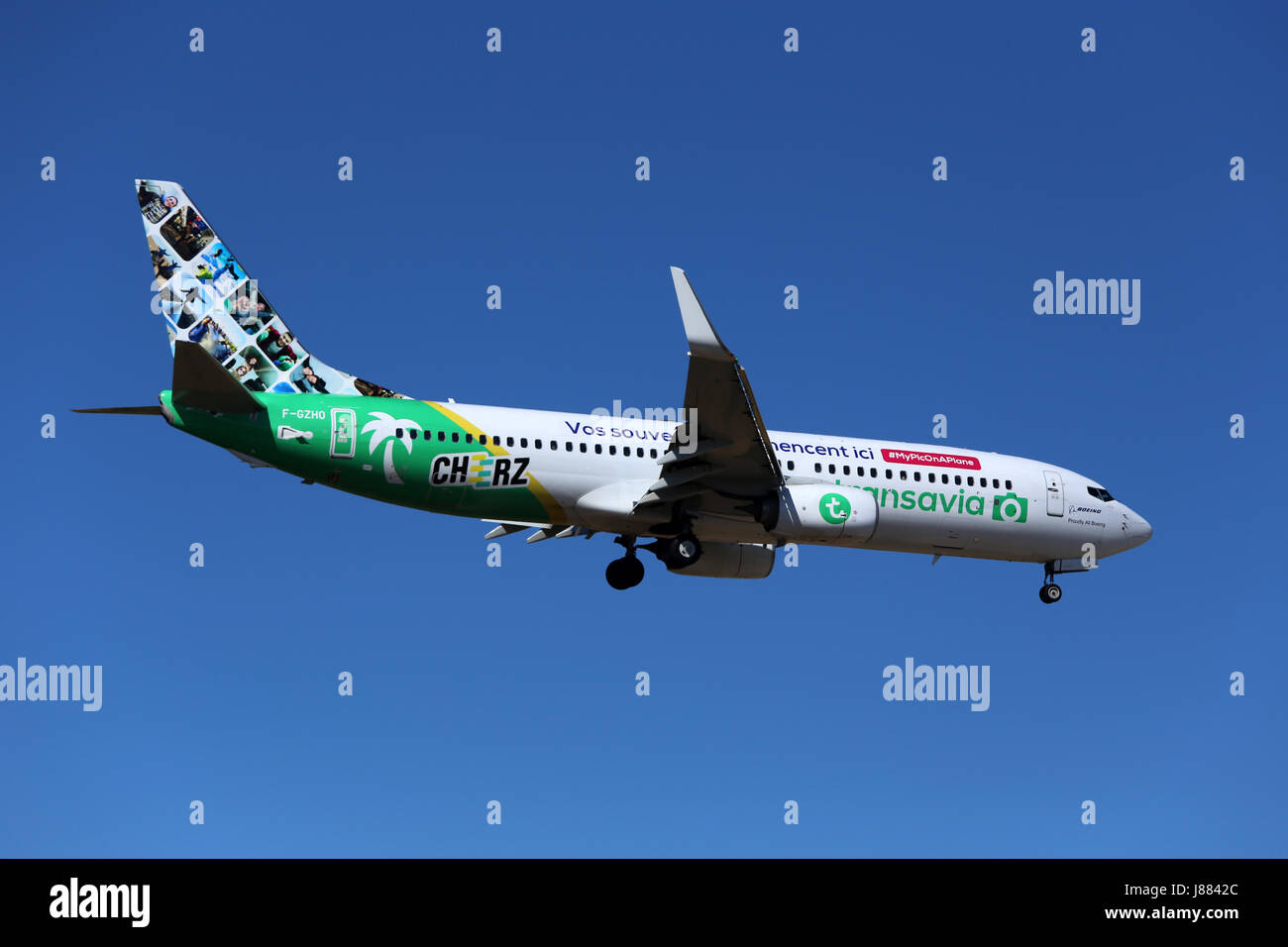 Transavia France Boeing 737-8K2 [F-GZHO] in special color scheme on short finals runway 31. Stock Photo