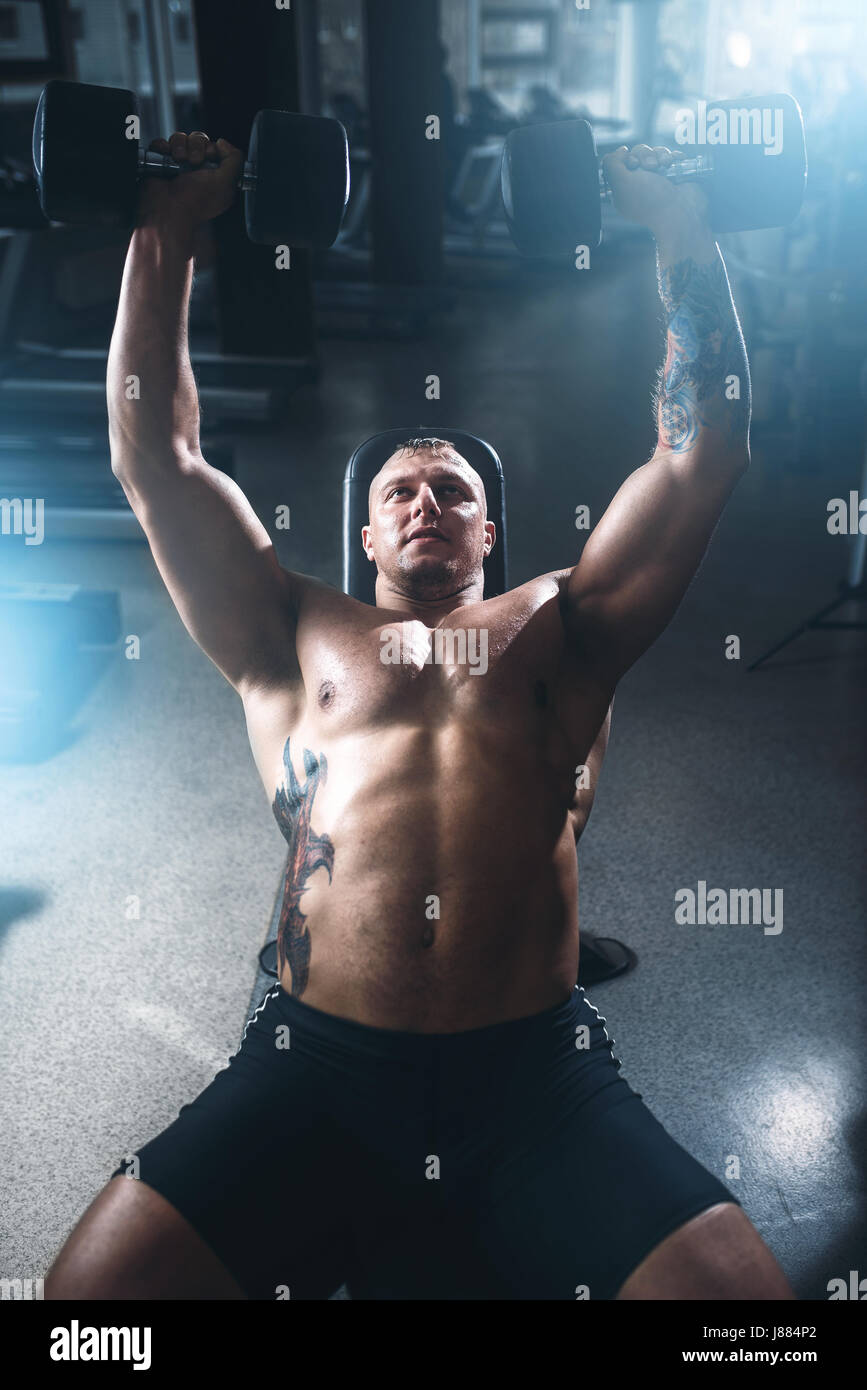 Bodybuilder Training Muscular male bodybuilder training with dumbbells in sport gym ...