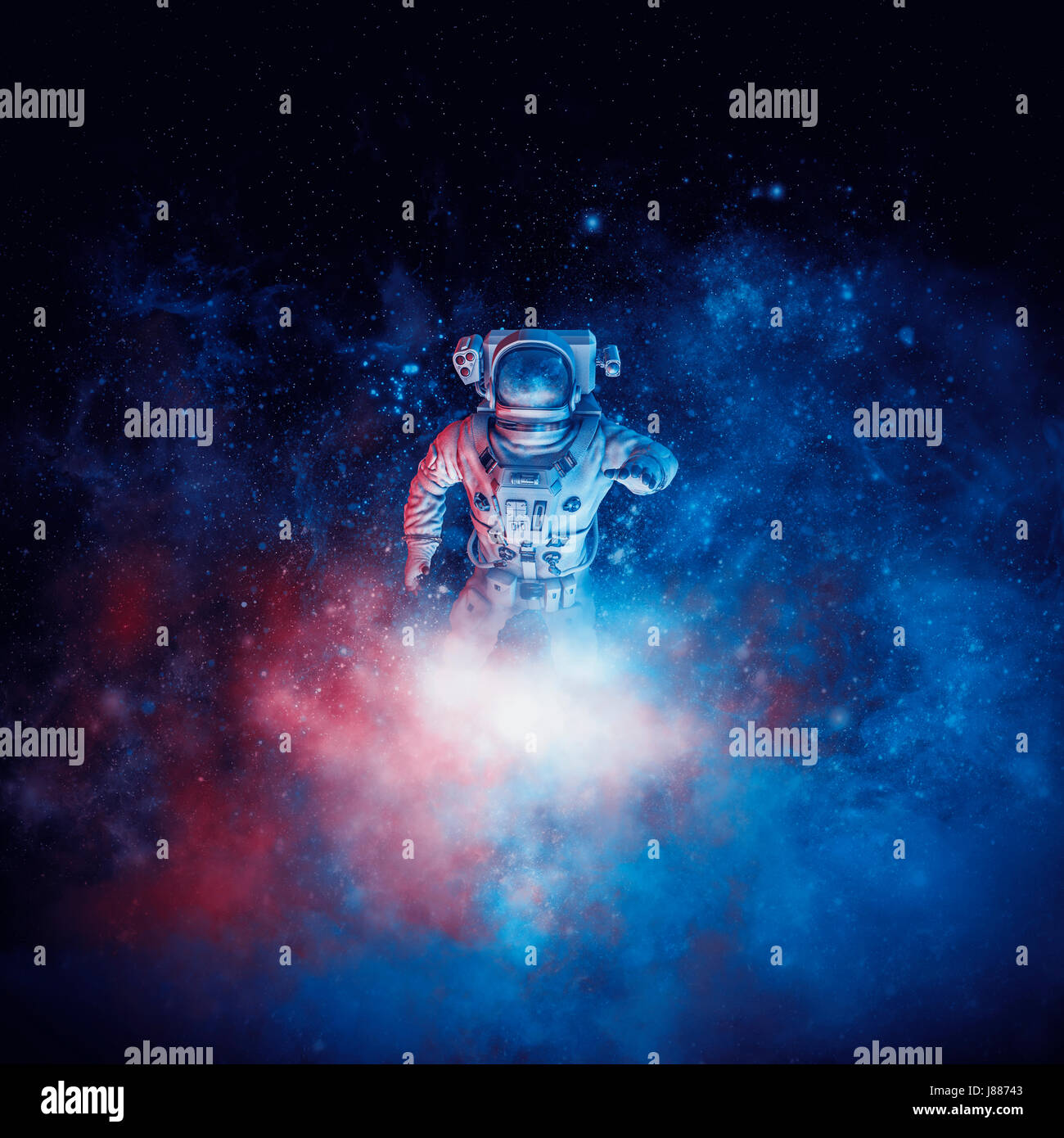 Galactic cloud astronaut / 3D illustration of astronaut among glowing space dust Stock Photo