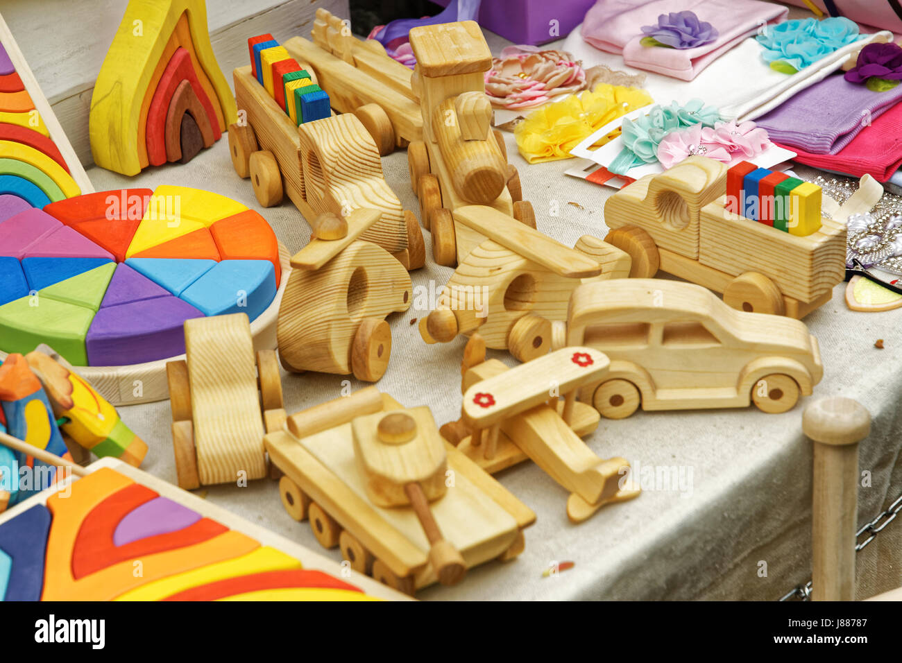 Photo of the counter with wooden toys Stock Photo Alamy