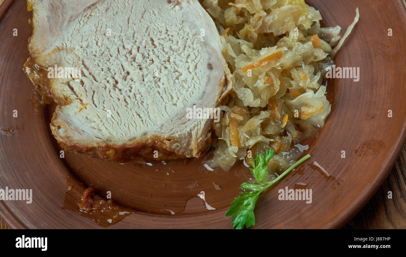 Frankfurter Rippchen - hot cured cutlet with sauerkraut,traditional dish served in and around Frankfurt am Main, German Stock Photo