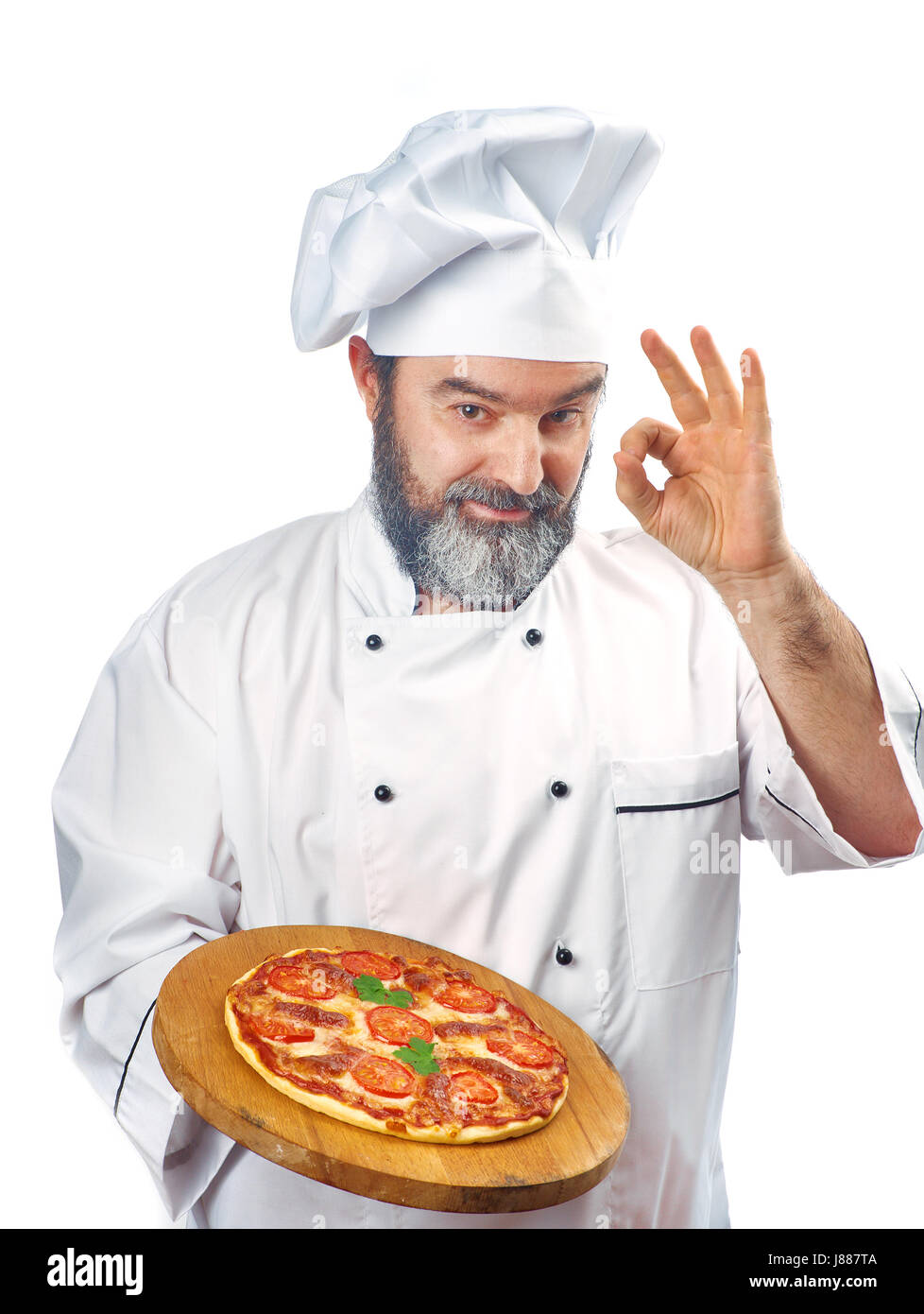 chief cook holding pizza napoletana isolated on white Stock Photo