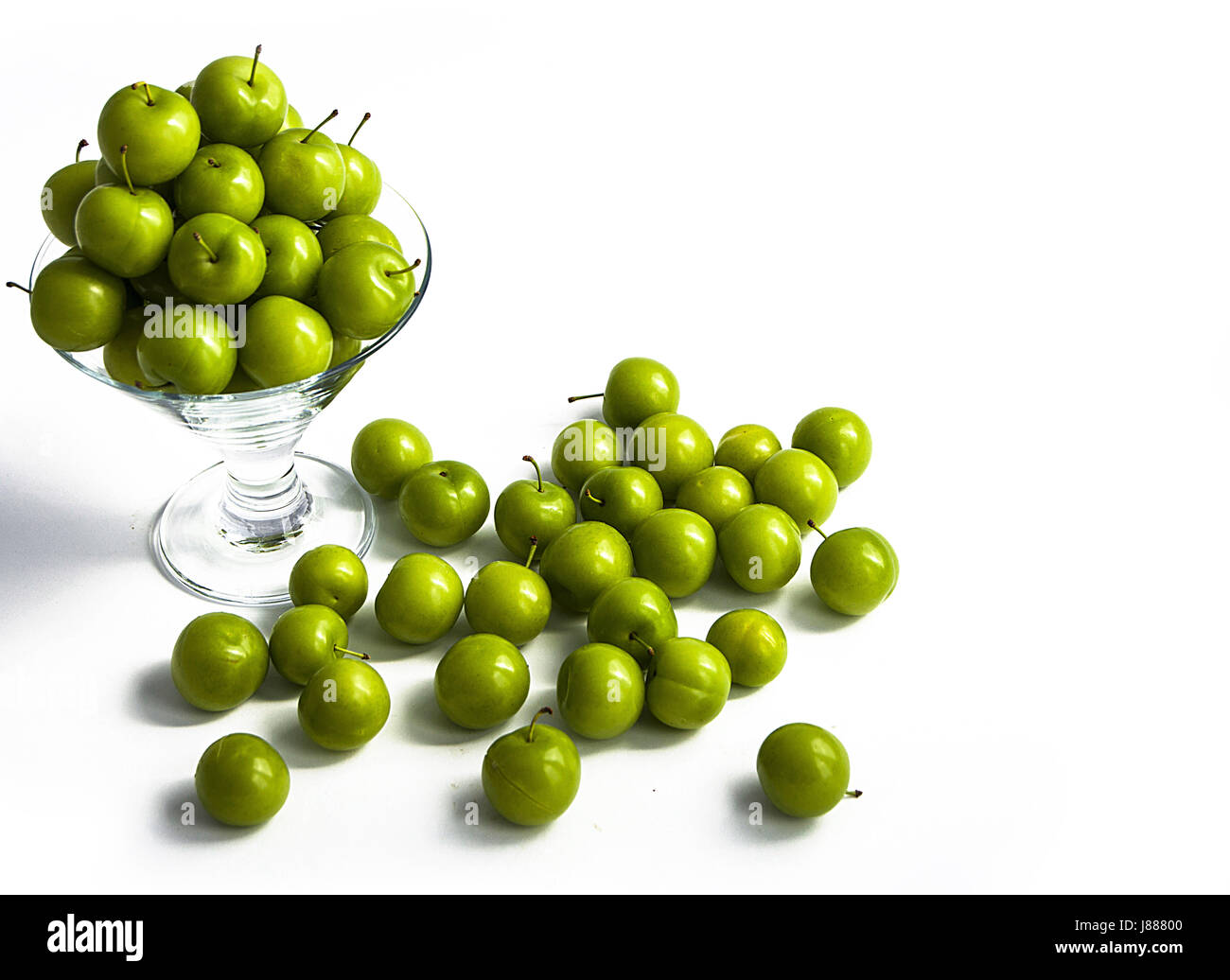 Green sour plums in the plate, plum pictures on the white ground Stock