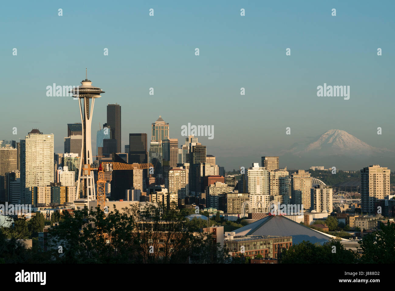 United States, Washington, Seattle, View from Kerry Park with Space Needle and Mount Rainier Stock Photo